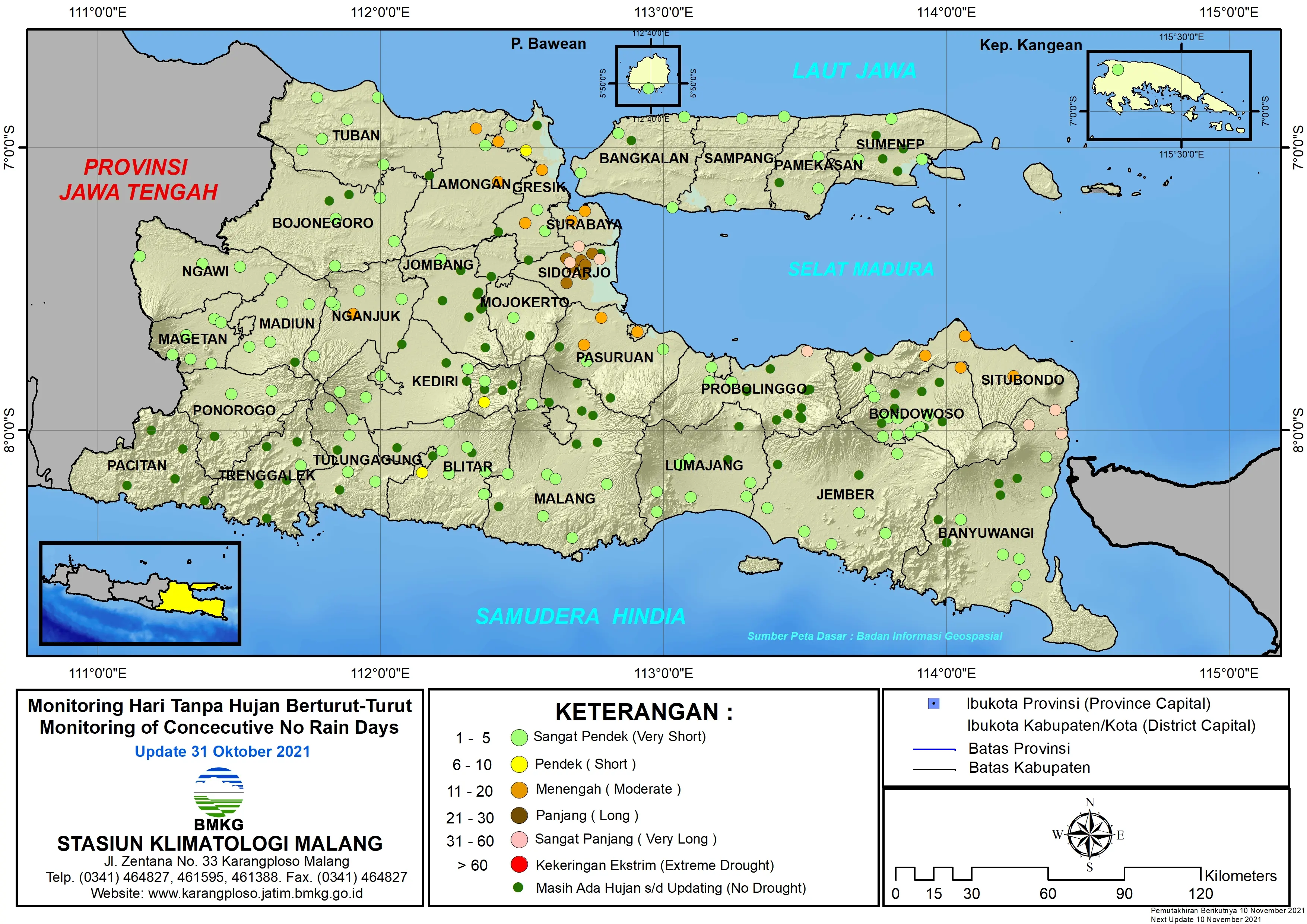 ( Analisis - Dasarian ) Monitoring Hari Tanpa Hujan Berturut-Turut Update 31 Oktober 2021 di Provinsi Jawa Timur