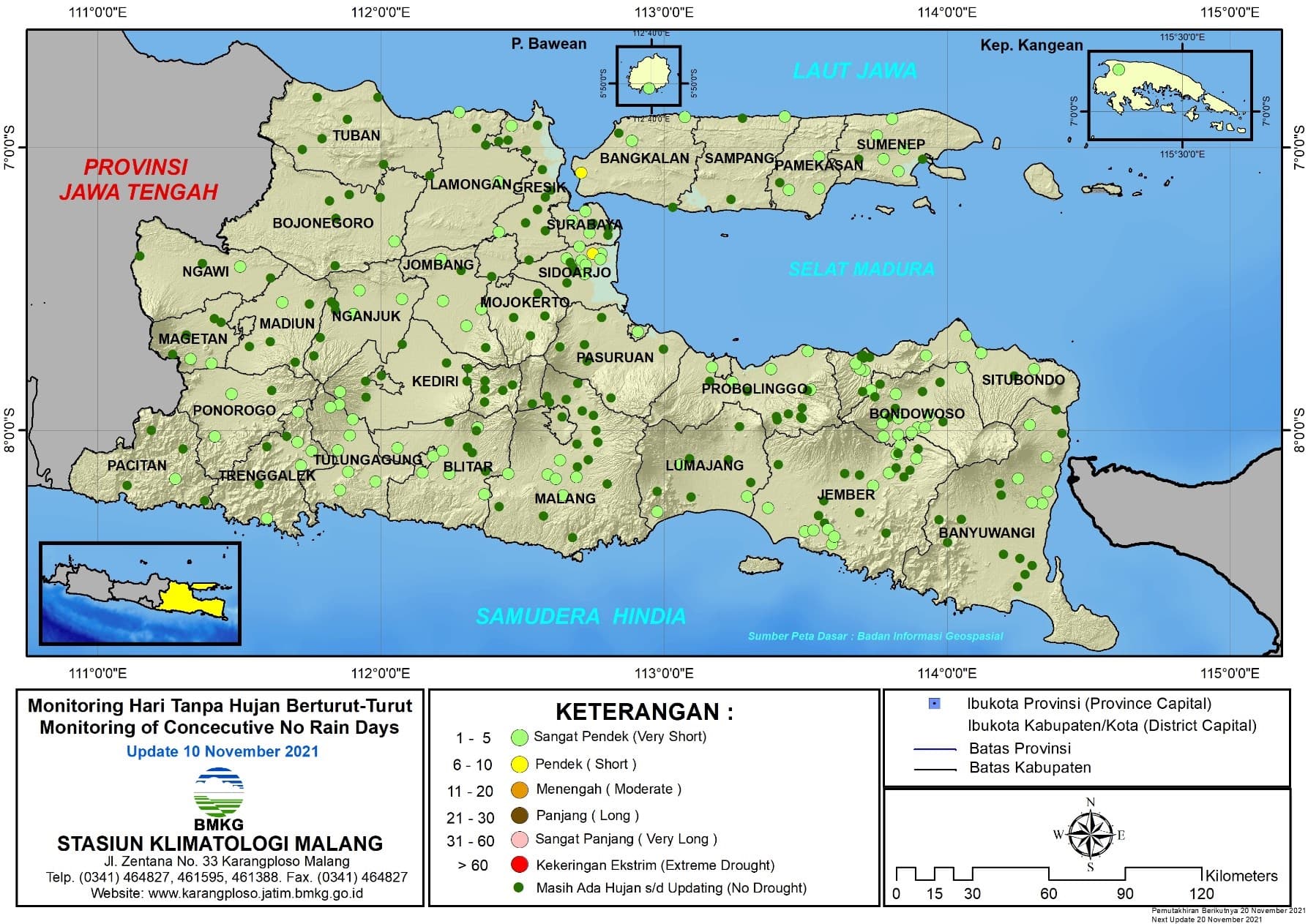 ( Analisis - Dasarian ) Monitoring Hari Tanpa Hujan Berturut-Turut Update 10 November di Provinsi Jawa Timur