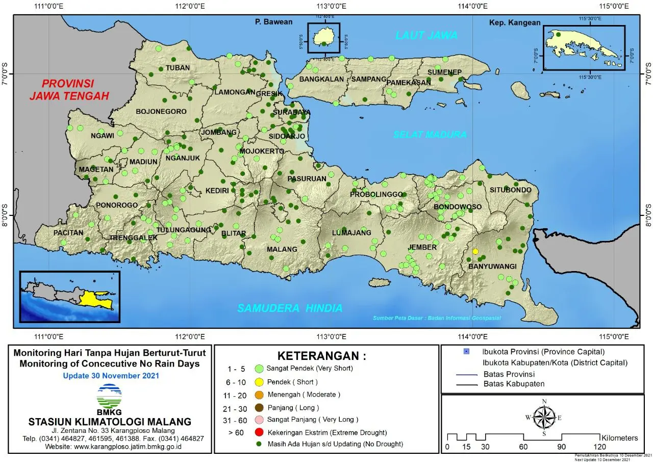 ( Analisis - Dasarian ) Monitoring Hari Tanpa Hujan Berturut-Turut Update 30 November 2021 di Provinsi Jawa Timur