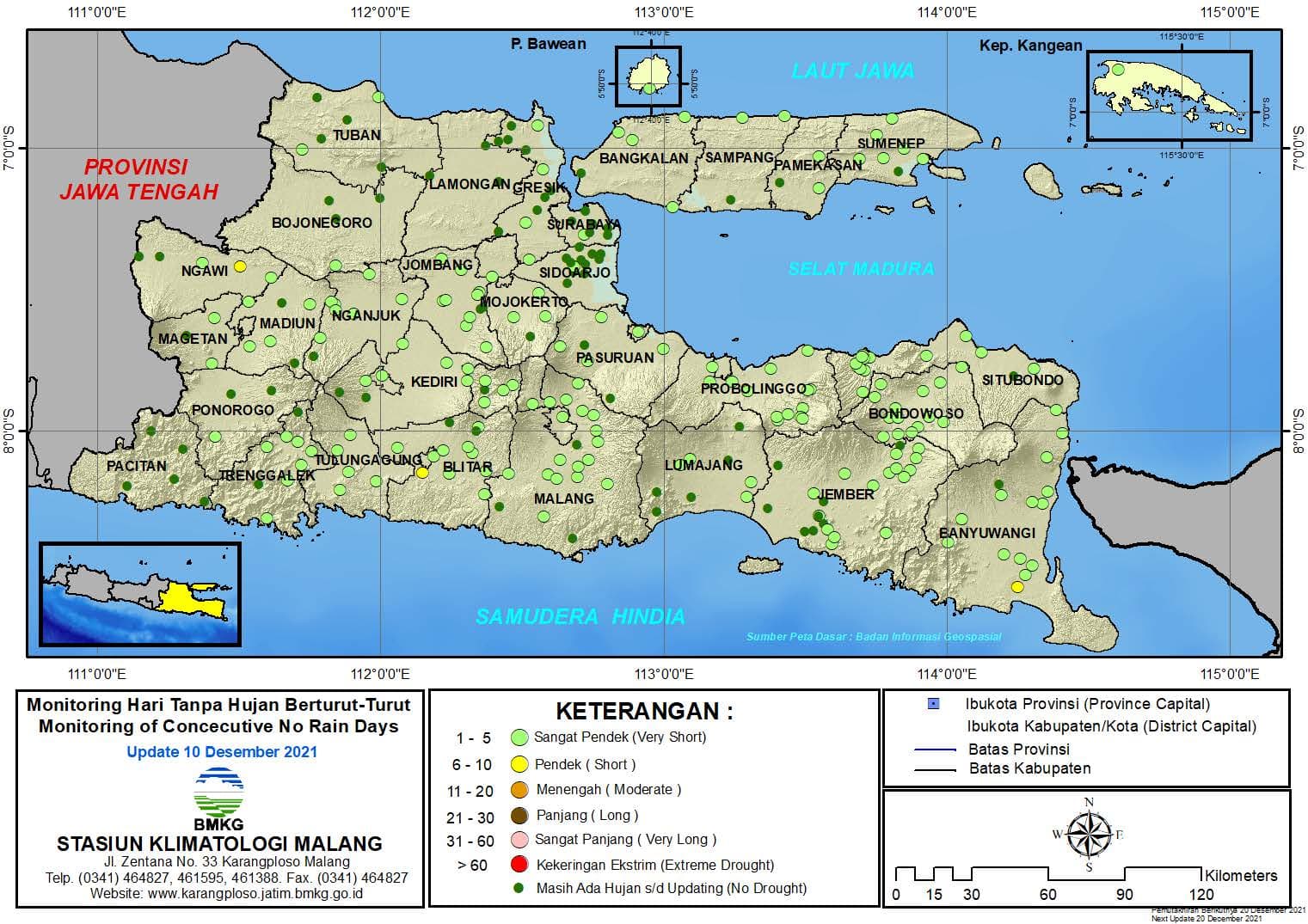 ( Analisis - Dasarian ) Monitoring Hari Tanpa Hujan Berturut-Turut Update 10 Desember 2021 di Provinsi Jawa Timur