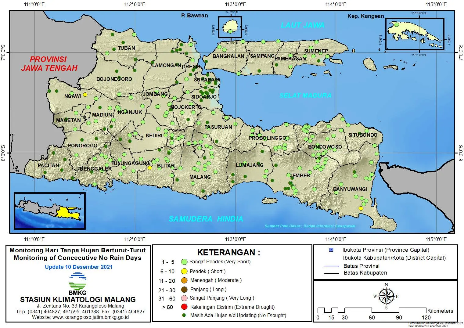 ( Analisis - Dasarian ) Monitoring Hari Tanpa Hujan Berturut-Turut Update 10 Desember 2021 di Provinsi Jawa Timur