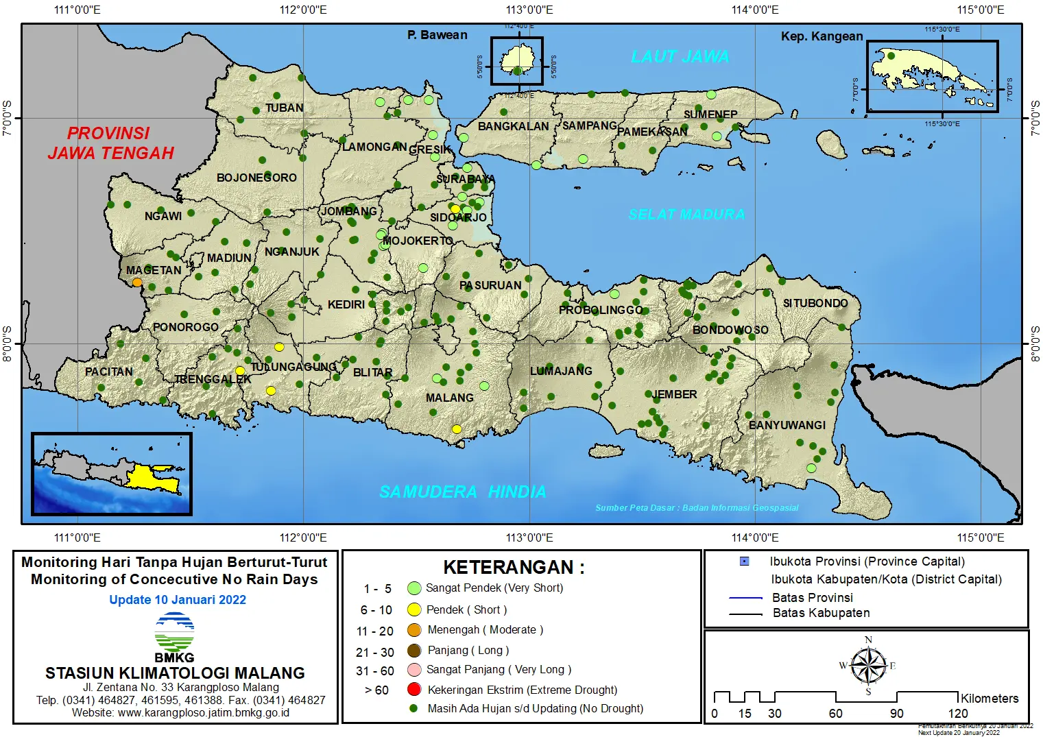 ( Analisis - Dasarian ) Monitoring Hari Tanpa Hujan Berturut-Turut Update 10 Januari 2022 di Provinsi Jawa Timur