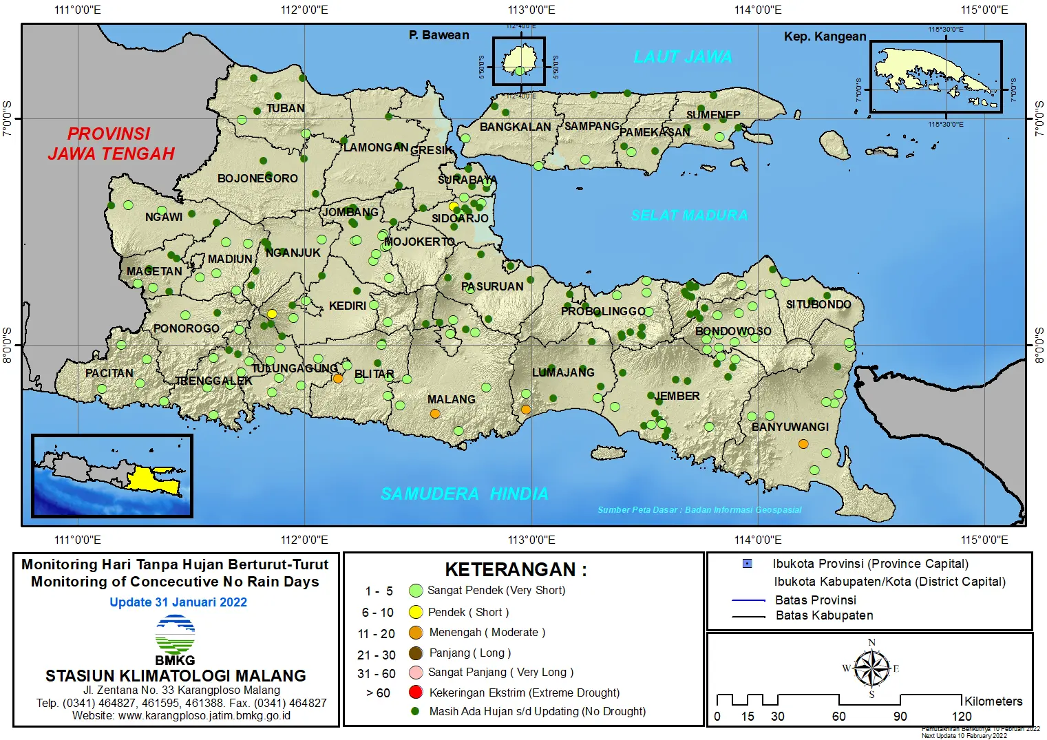 ( Analisis - Dasarian ) Monitoring Hari Tanpa Hujan Berturut-Turut Update 31 Januari 2022 di Provinsi Jawa Timur