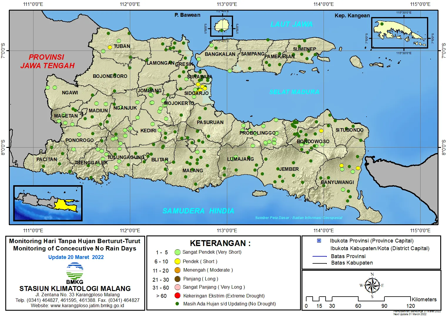 ( Analisis - Dasarian ) Monitoring Hari Tanpa Hujan Berturut-Turut Update 20 Maret Tahun 2022 di Provinsi Jawa Timur