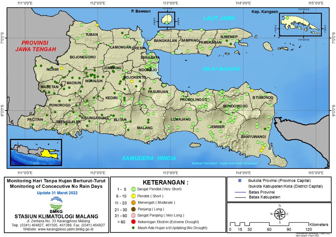( Analisis - Dasarian ) Monitoring Hari Tanpa Hujan Berturut-Turut Update 31 Maret Tahun 2022 di Provinsi Jawa Timur