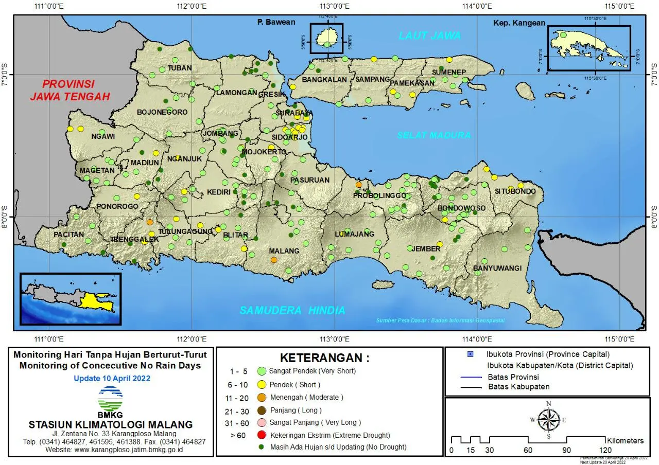 ( Analisis - Dasarian ) Monitoring Hari Tanpa Hujan Berturut-Turut Update 10 April Tahun 2022 di Provinsi Jawa Timur