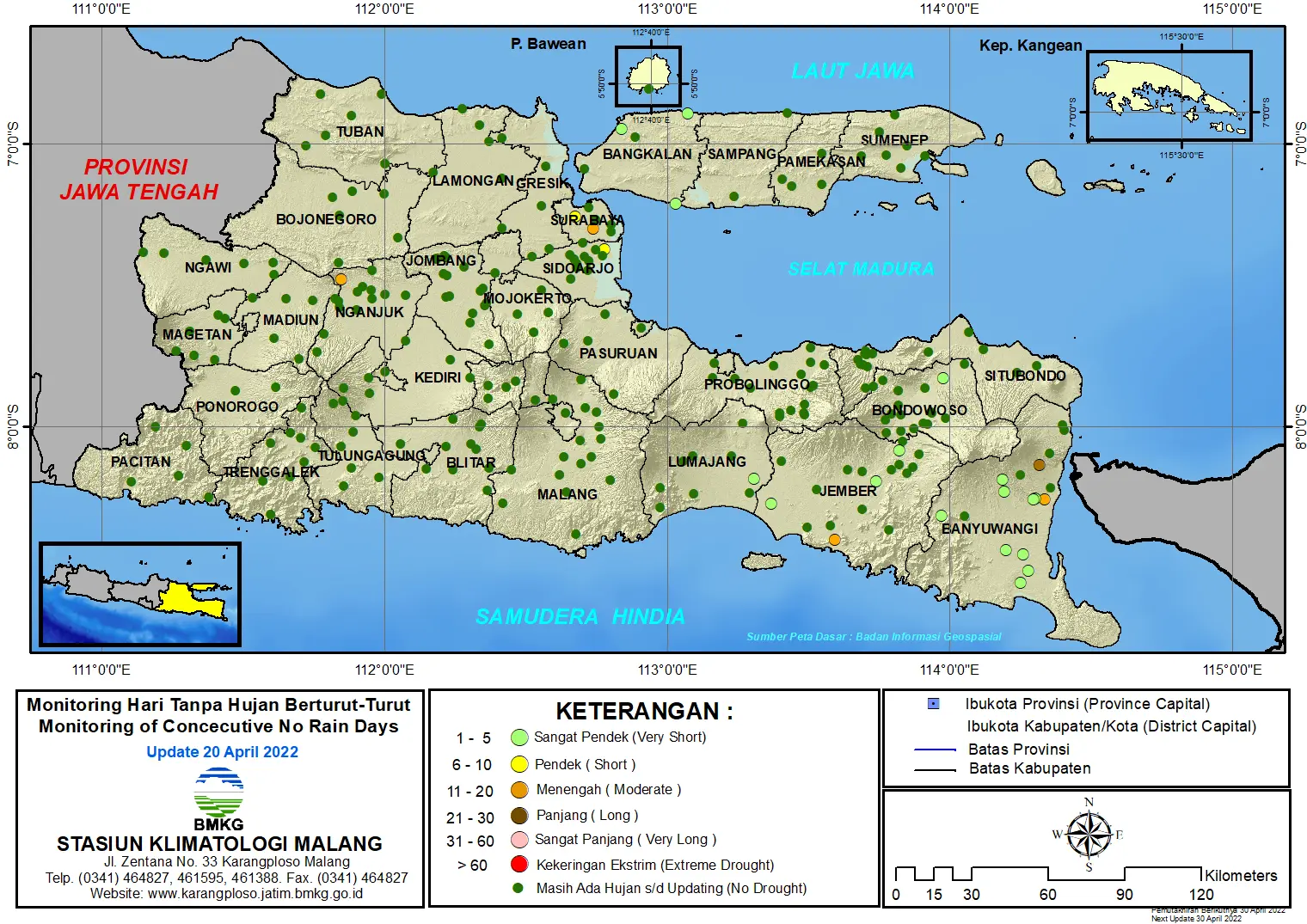 ( Analisis - Dasarian ) Monitoring Hari Tanpa Hujan Berturut-Turut Update 20 April Tahun 2022 di Provinsi Jawa Timur
