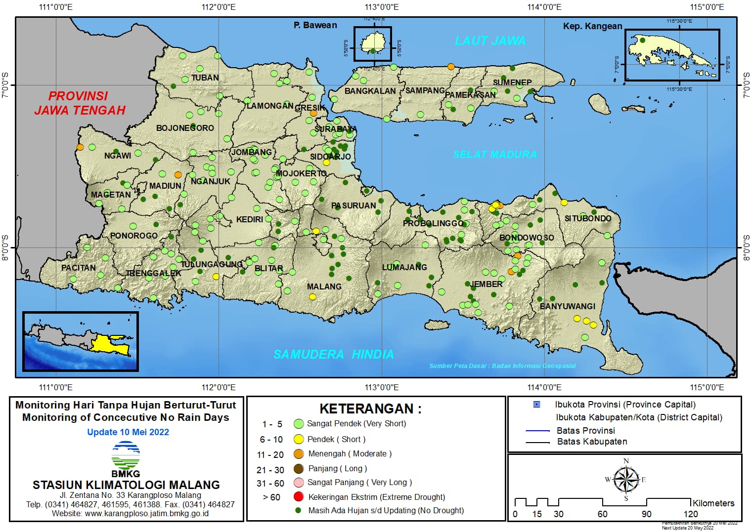 ( Analisis - Dasarian ) Monitoring Hari Tanpa Hujan Berturut-Turut Update 10 Mei Tahun 2022 di Provinsi Jawa Timur