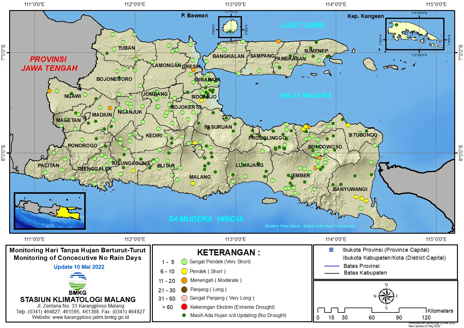 ( Analisis - Dasarian ) Monitoring Hari Tanpa Hujan Berturut-Turut Update 10 Mei Tahun 2022 di Provinsi Jawa Timur