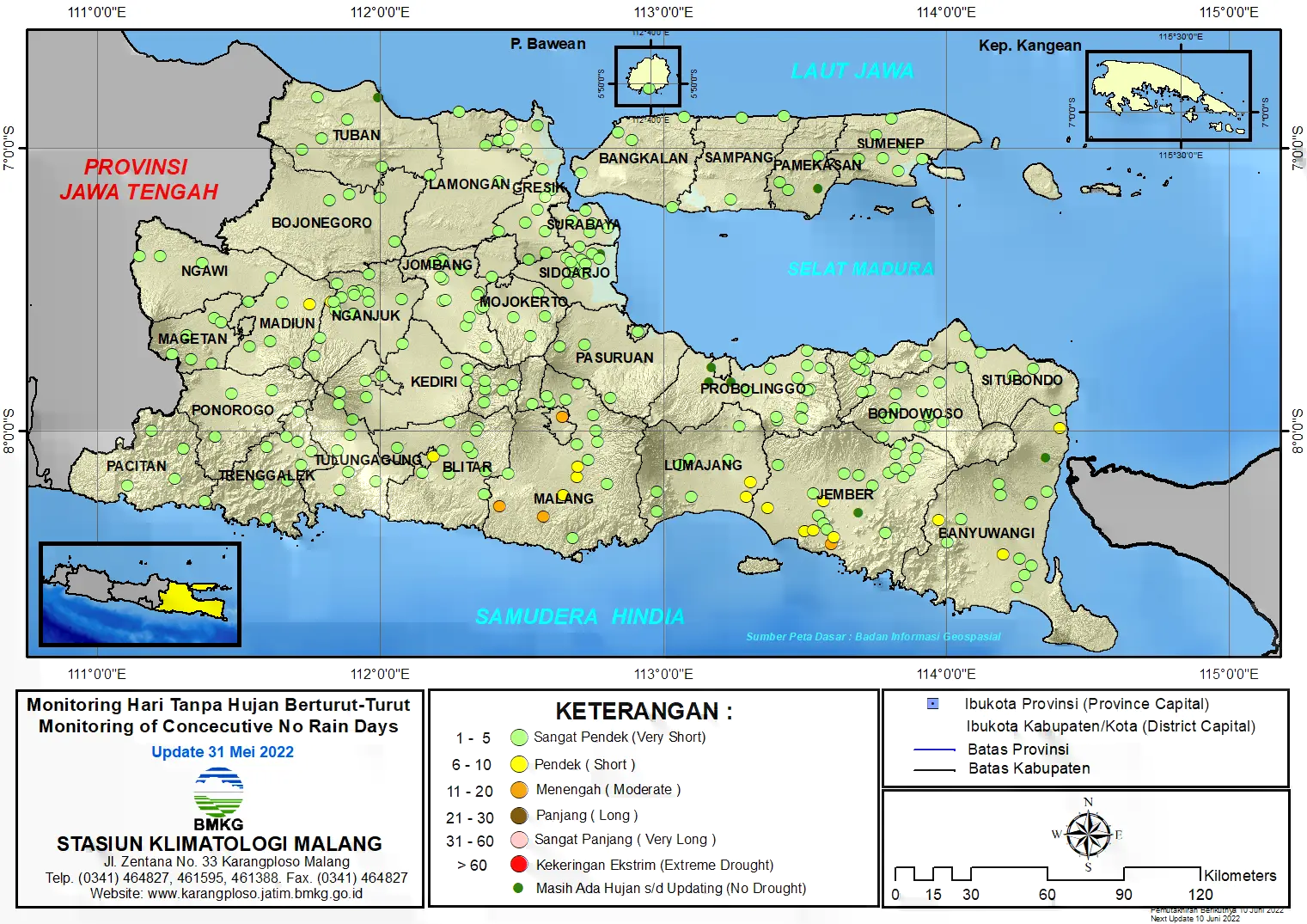 ( Analisis - Dasarian ) Monitoring Hari Tanpa Hujan Berturut-Turut Update 31 Mei Tahun 2022 di Provinsi Jawa Timur