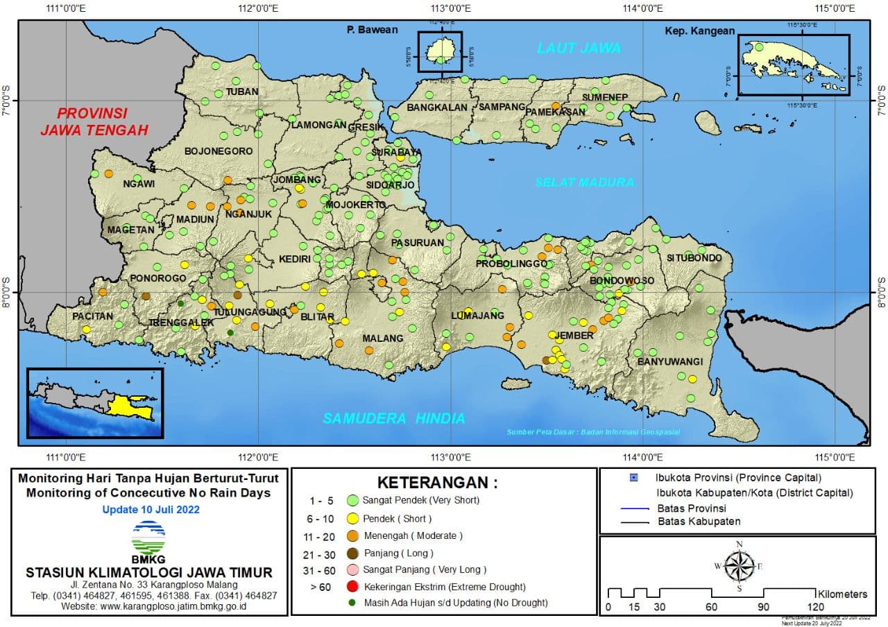 ( Analisis - Dasarian ) Monitoring Hari Tanpa Hujan Berturut-Turut Update 10 Juli Tahun 2022 di Provinsi Jawa Timur