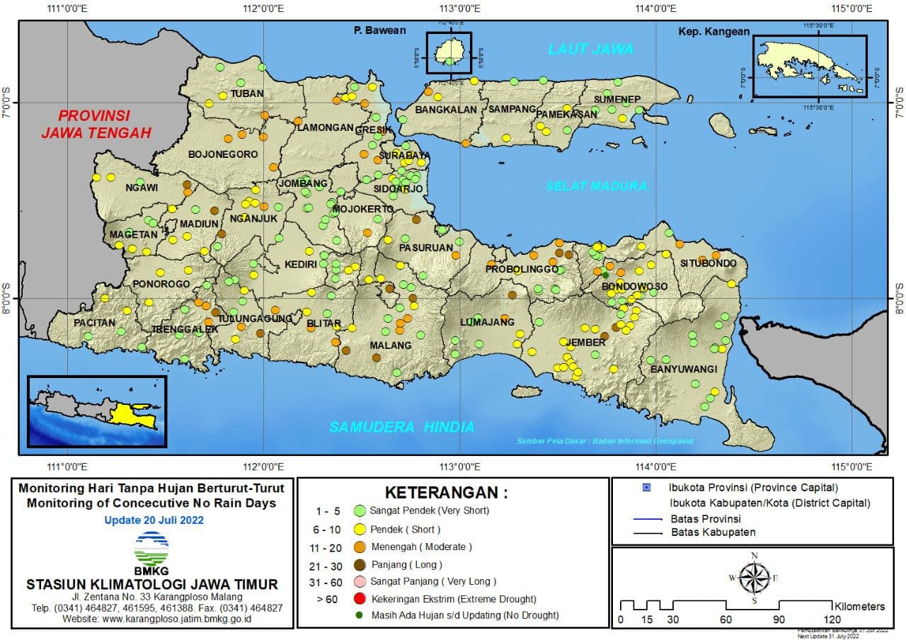 ( Analisis - Dasarian ) Monitoring Hari Tanpa Hujan Berturut-Turut Update 20 Juli Tahun 2022 di Provinsi Jawa Timur