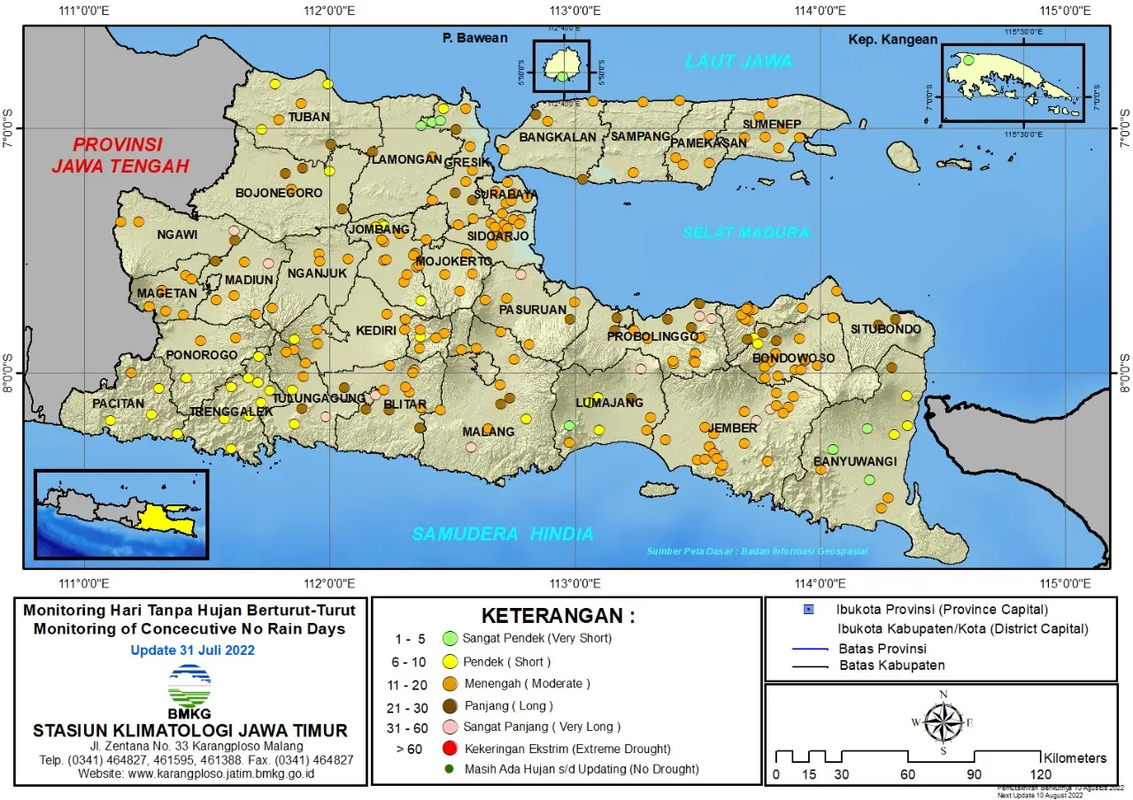( Analisis - Dasarian ) Monitoring Hari Tanpa Hujan Berturut-Turut Update 31 Juli Tahun 2022 di Provinsi Jawa Timur