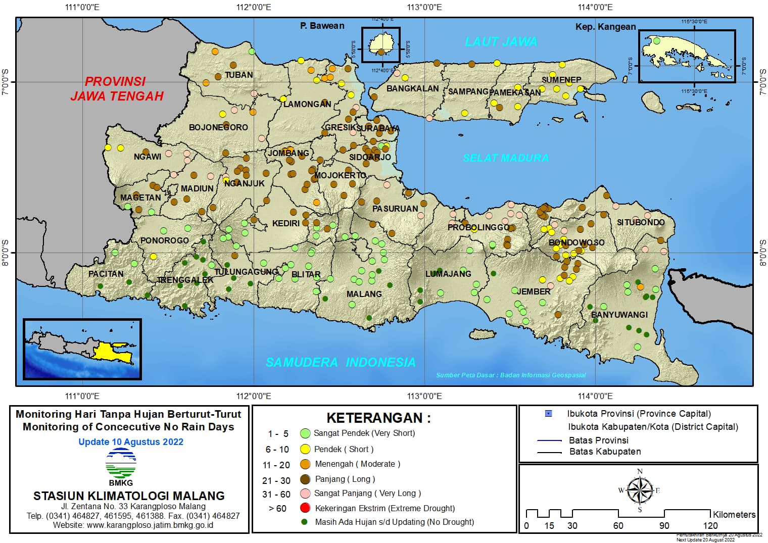 ( Analisis - Dasarian ) Monitoring Hari Tanpa Hujan Berturut-Turut Update 10 Agustus Tahun 2022 di Provinsi Jawa Timur