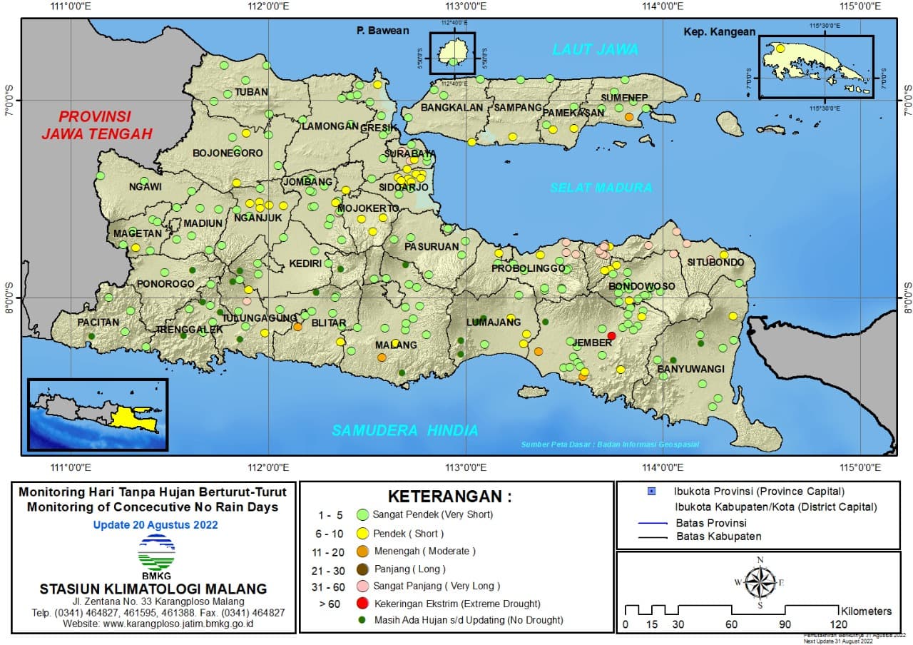 ( Analisis - Dasarian ) Monitoring Hari Tanpa Hujan Berturut-Turut Update 20 Agustus Tahun 2022 di Provinsi Jawa Timur