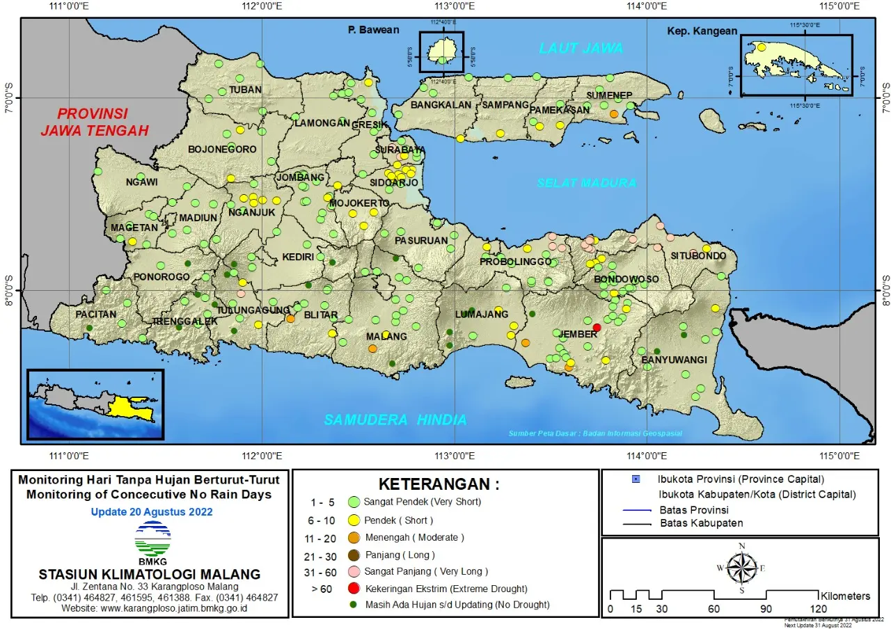 ( Analisis - Dasarian ) Monitoring Hari Tanpa Hujan Berturut-Turut Update 20 Agustus Tahun 2022 di Provinsi Jawa Timur