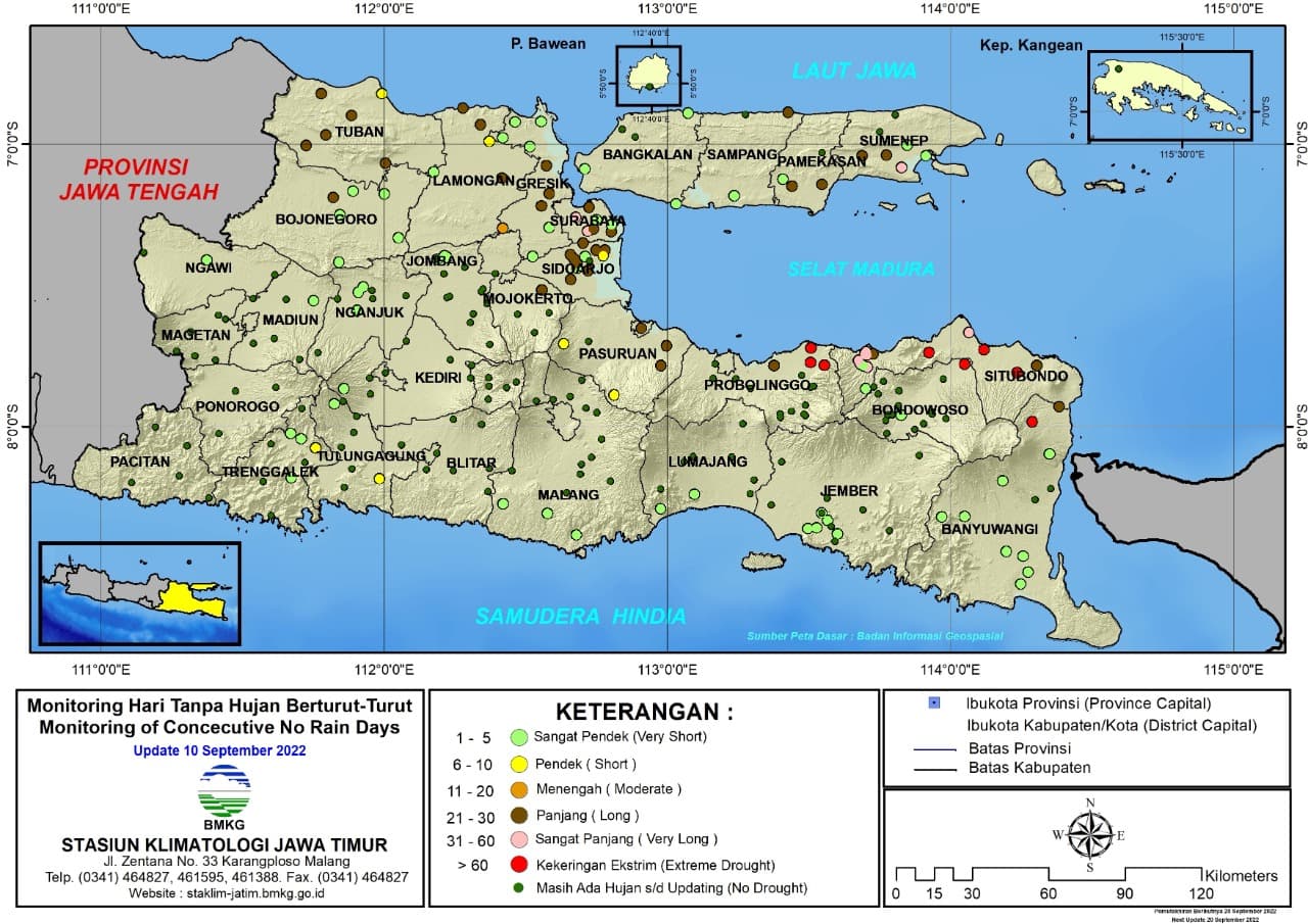 ( Analisis - Dasarian ) Monitoring Hari Tanpa Hujan Berturut-Turut Update 10 September Tahun 2022 di Provinsi Jawa Timur