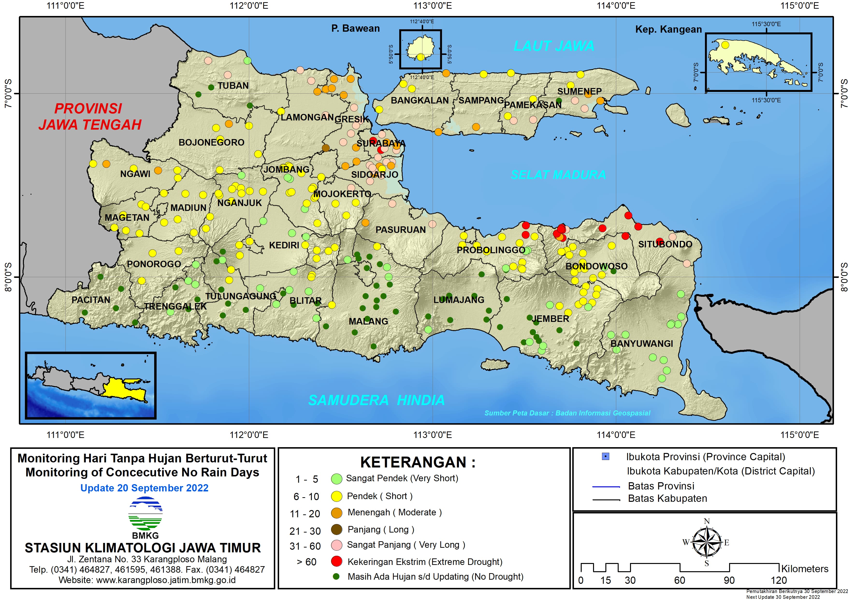 ( Analisis - Dasarian ) Monitoring Hari Tanpa Hujan Berturut-Turut Update 20 September Tahun 2022 di Provinsi Jawa Timur