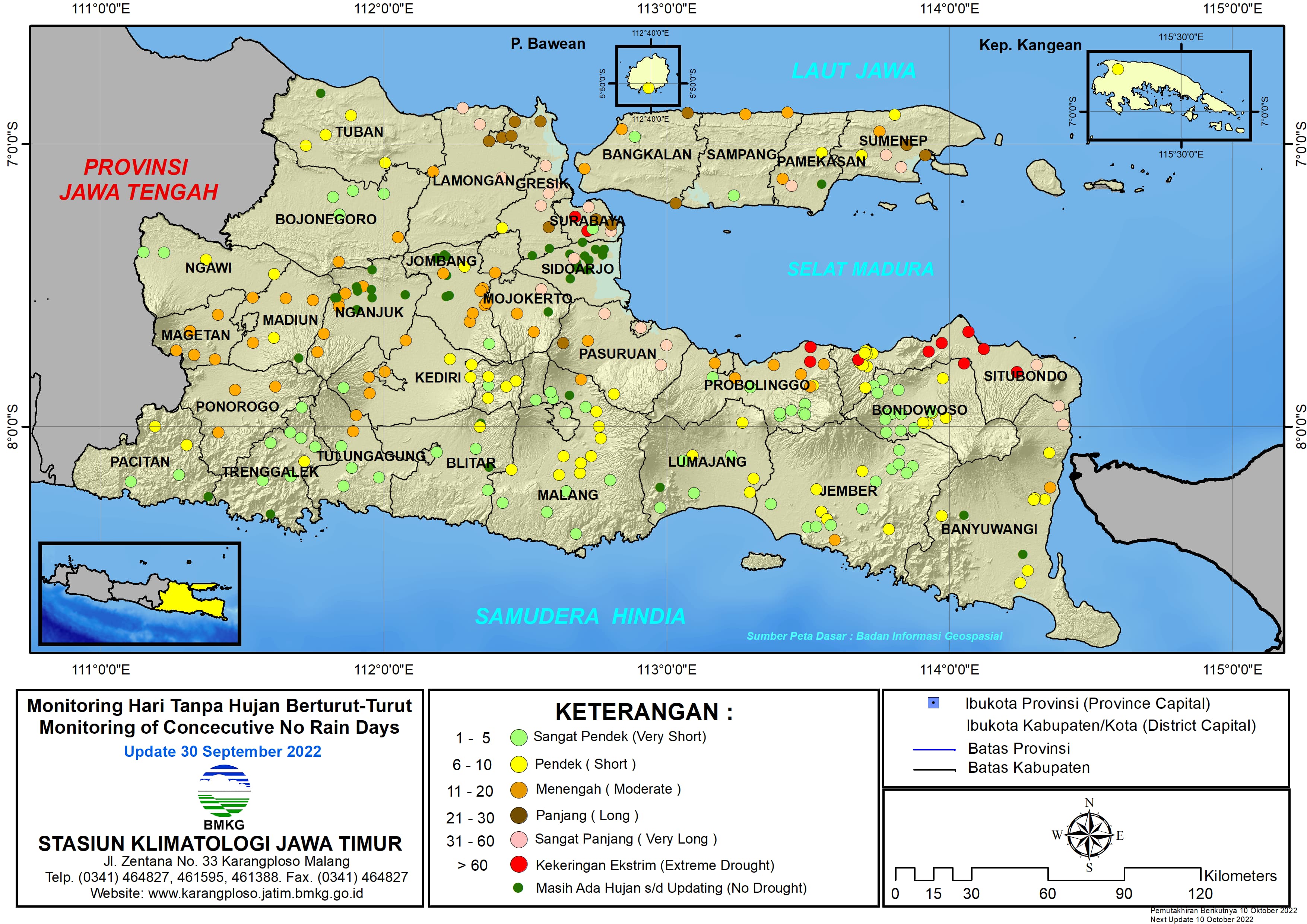 ( Analisis - Dasarian ) Monitoring Hari Tanpa Hujan Berturut-Turut Update 30 September Tahun 2022 di Provinsi Jawa Timur
