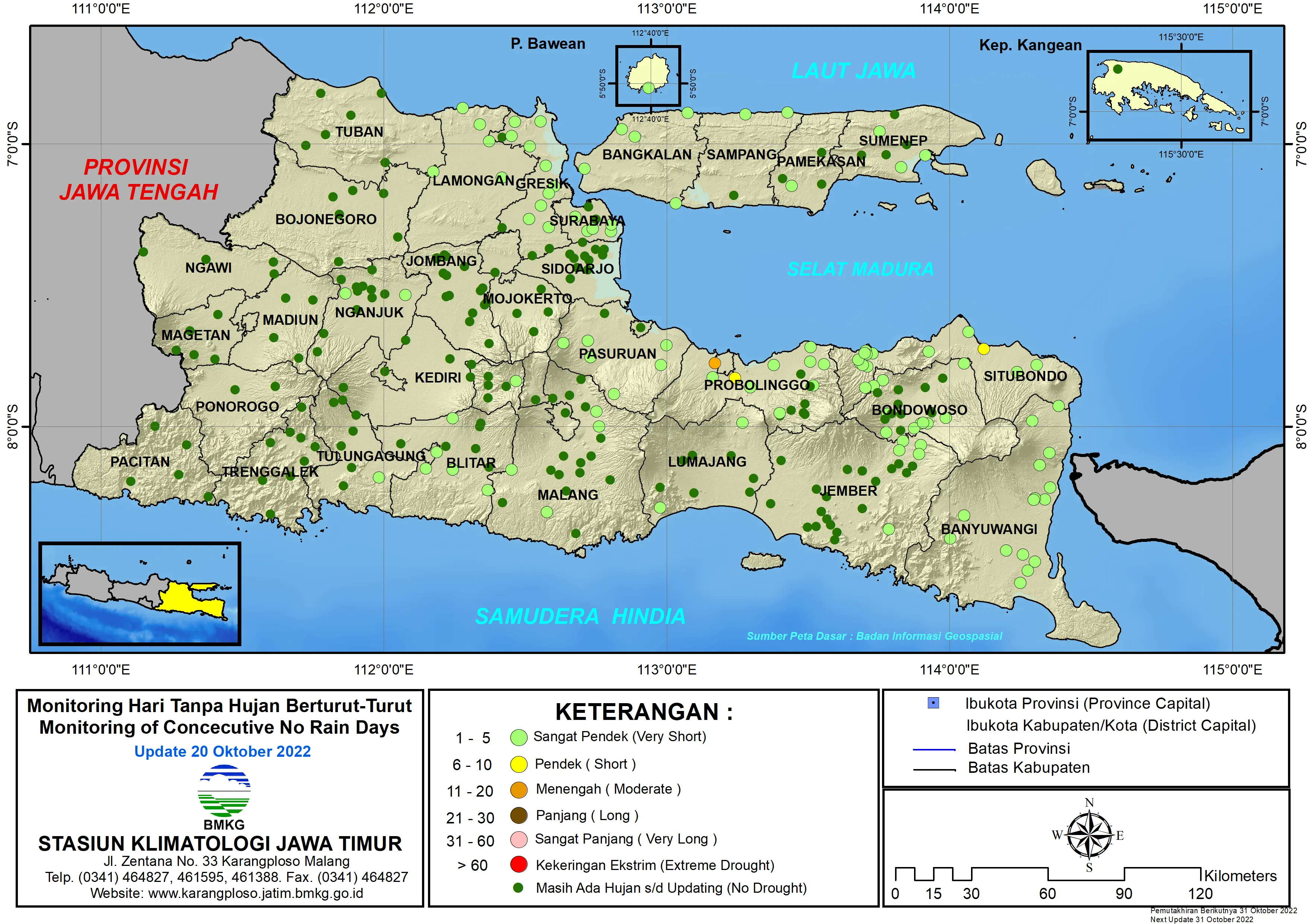 ( Analisis - Dasarian ) Monitoring Hari Tanpa Hujan Berturut-Turut Update 20 Oktober Tahun 2022 di Provinsi Jawa Timur