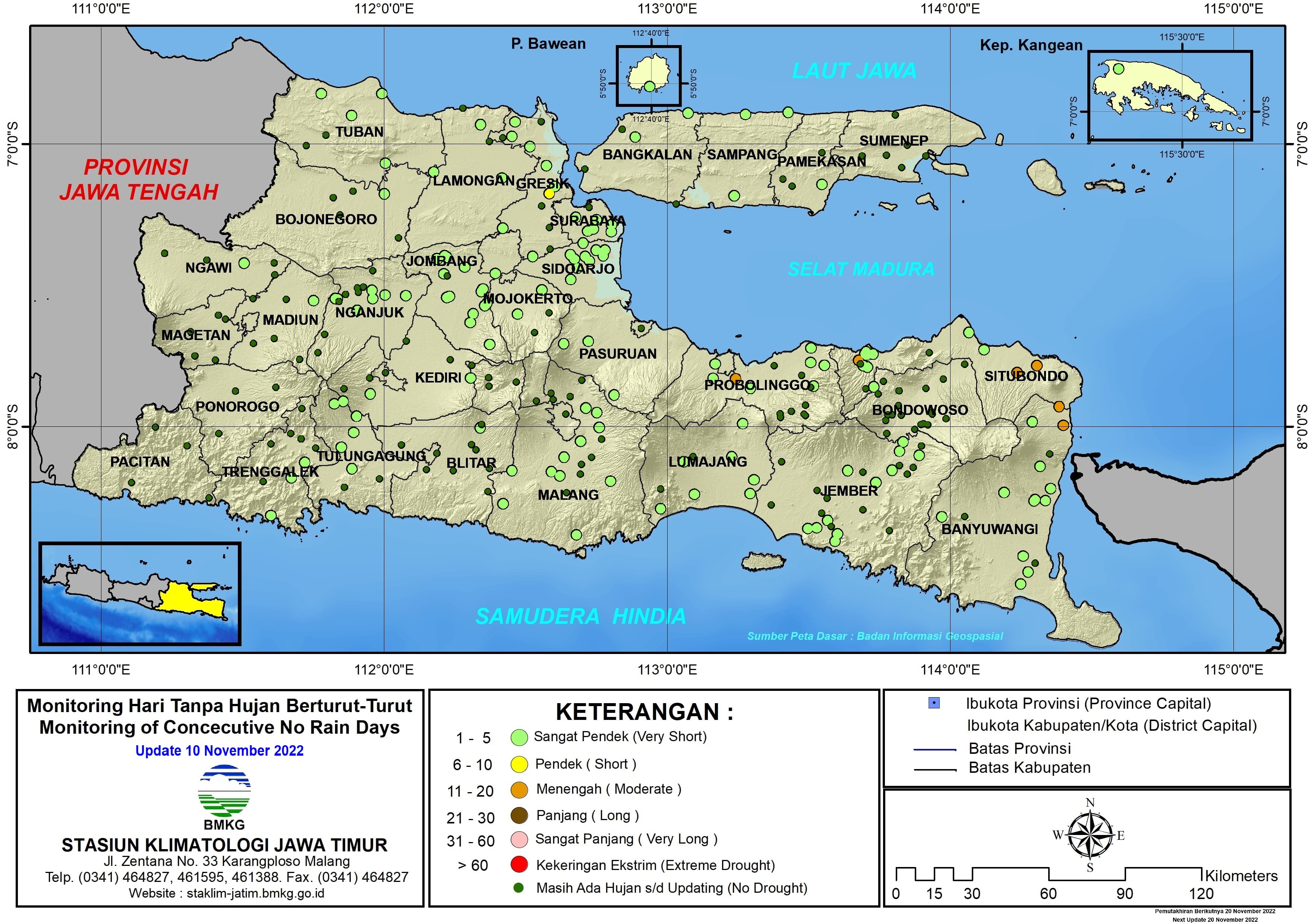 ( Analisis - Dasarian ) Monitoring Hari Tanpa Hujan Berturut-Turut Update 10 November Tahun 2022 di Provinsi Jawa Timur