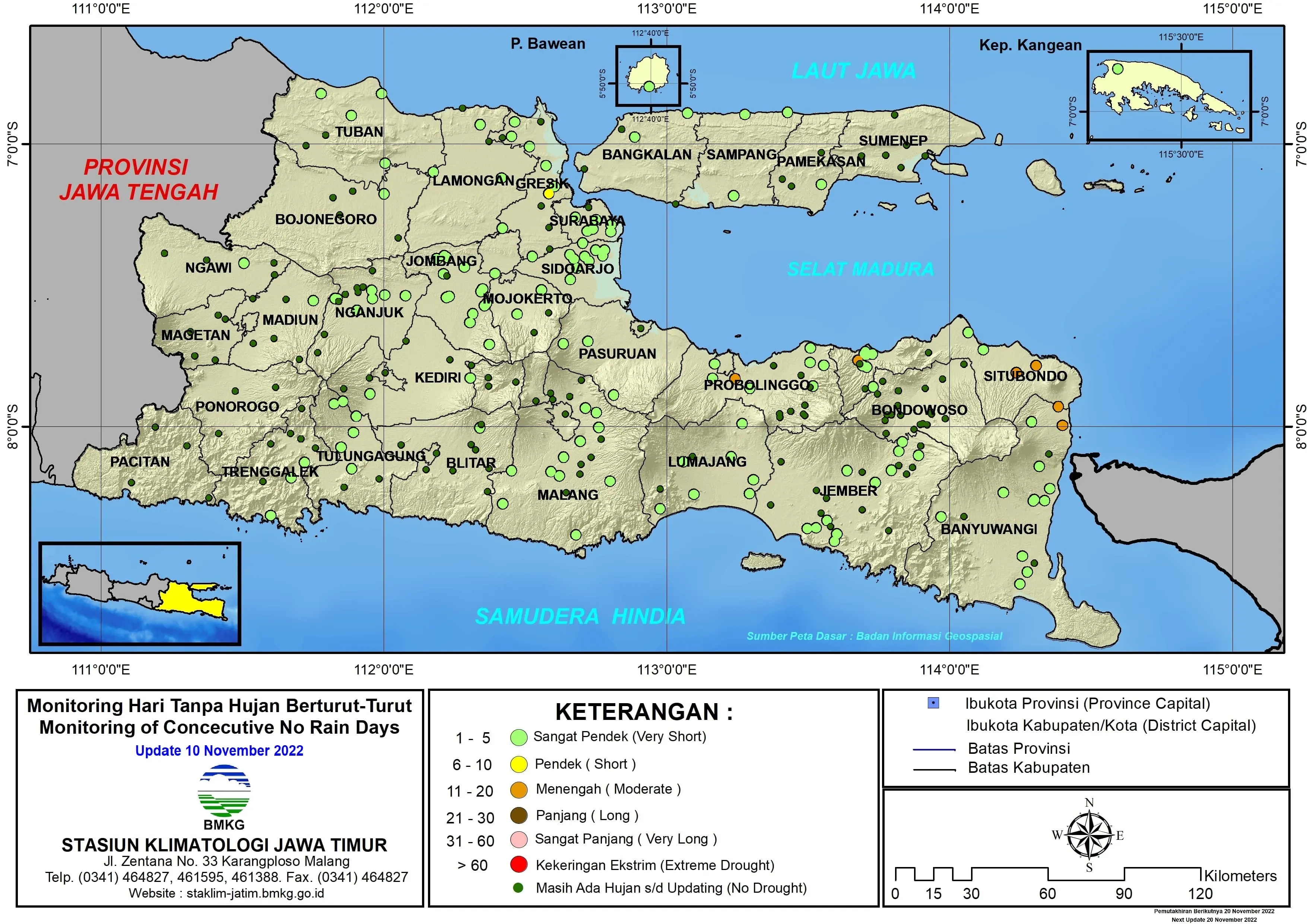 ( Analisis - Dasarian ) Monitoring Hari Tanpa Hujan Berturut-Turut Update 10 November Tahun 2022 di Provinsi Jawa Timur