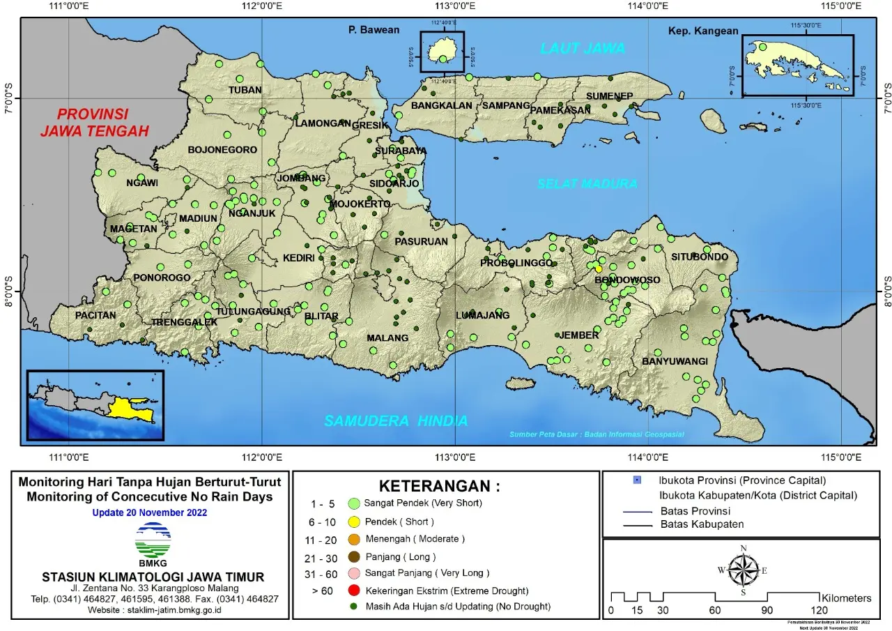 ( Analisis - Dasarian ) Monitoring Hari Tanpa Hujan Berturut-Turut Update 20 November Tahun 2022 di Provinsi Jawa Timur