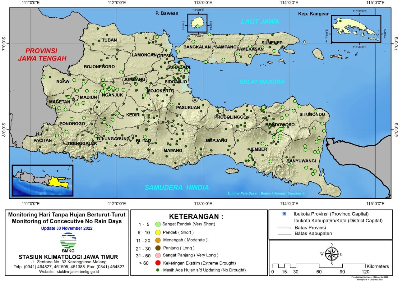 ( Analisis - Dasarian ) Monitoring Hari Tanpa Hujan Berturut-Turut Update 30 November Tahun 2022 di Provinsi Jawa Timur