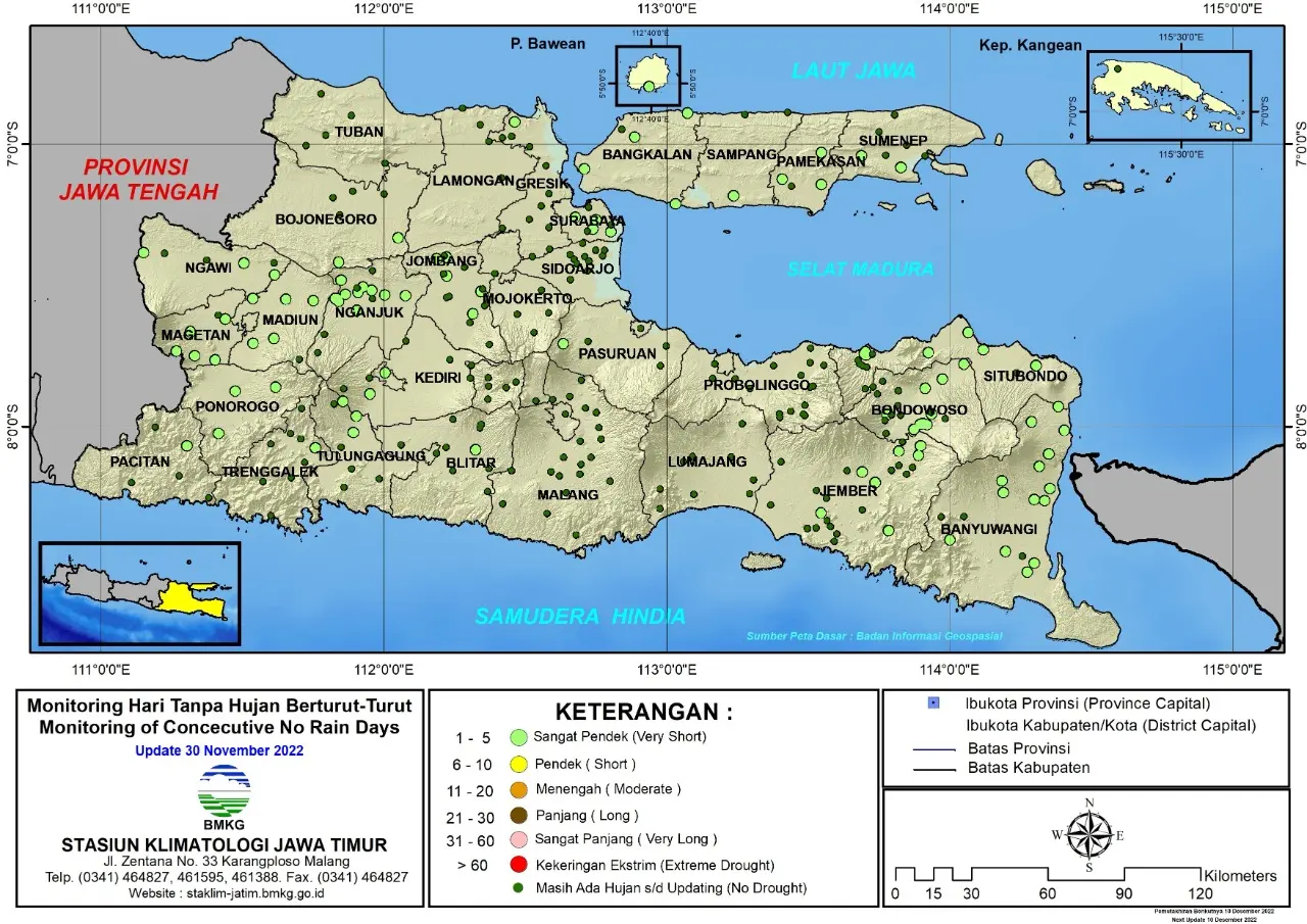 ( Analisis - Dasarian ) Monitoring Hari Tanpa Hujan Berturut-Turut Update 30 November Tahun 2022 di Provinsi Jawa Timur