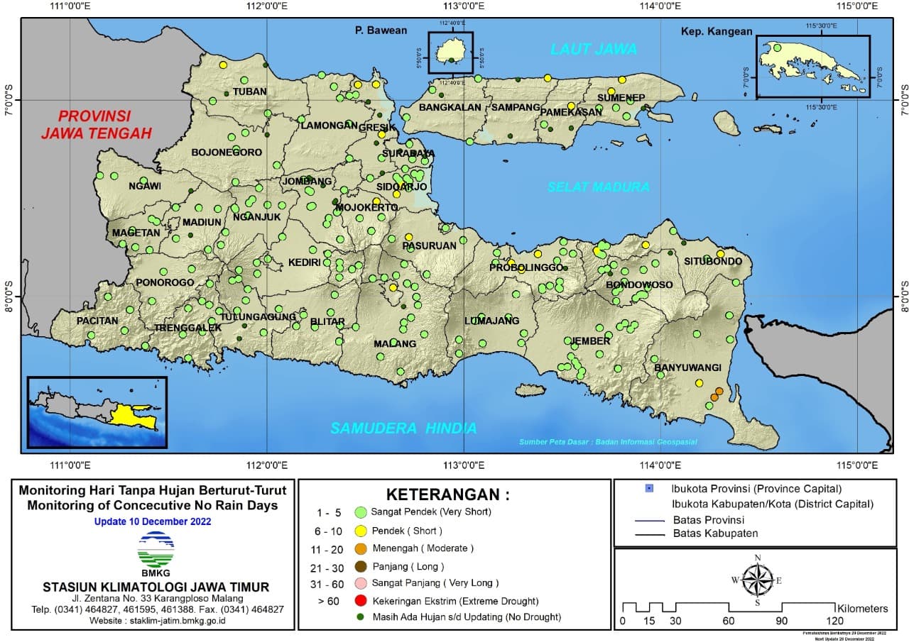 ( Analisis - Dasarian ) Monitoring Hari Tanpa Hujan Berturut-Turut Update 10 Desember Tahun 2022 di Provinsi Jawa Timur