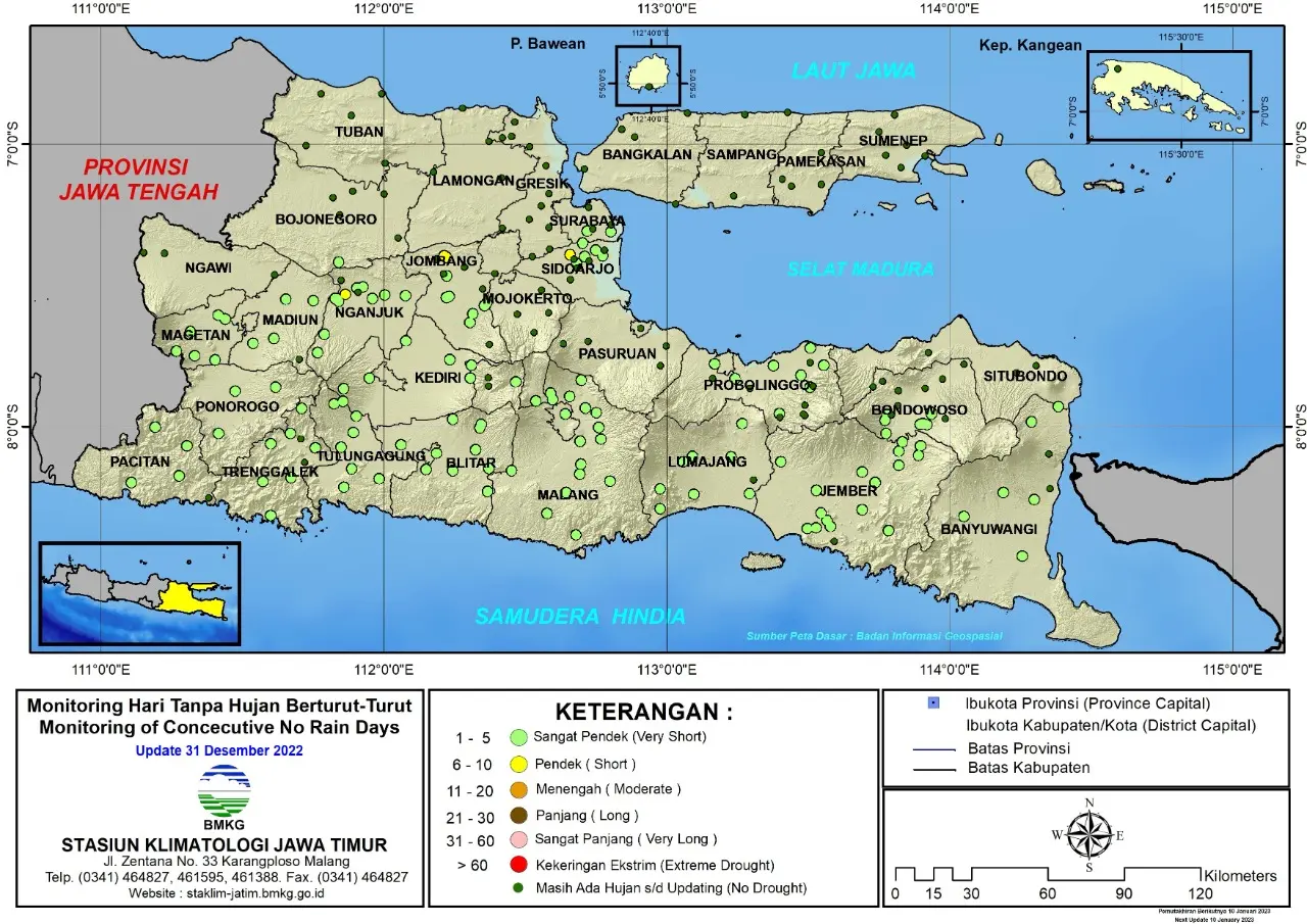 ( Analisis - Dasarian ) Monitoring Hari Tanpa Hujan Berturut-Turut Update 31 Desember Tahun 2022 di Provinsi Jawa Timur