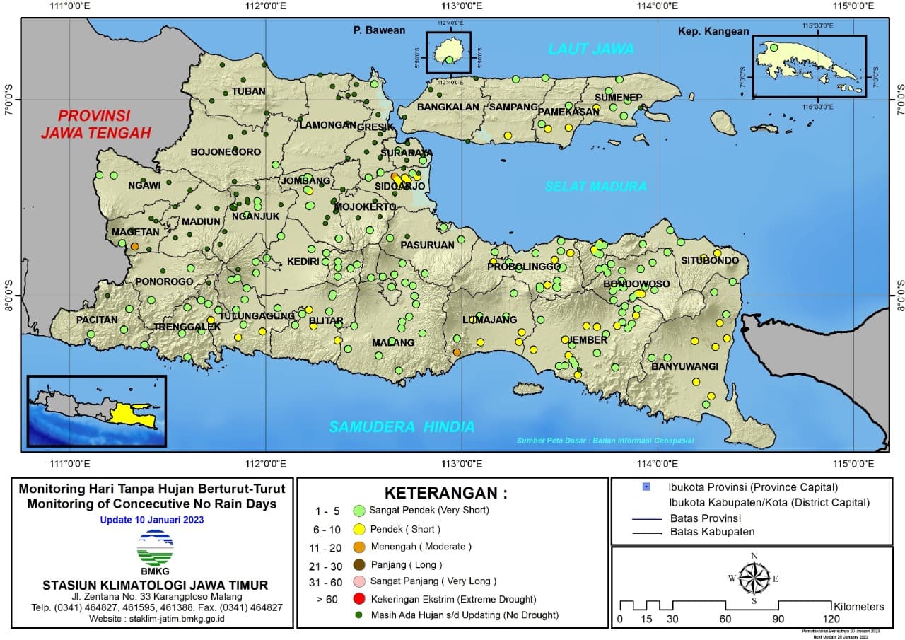 ( Analisis - Dasarian ) Monitoring Hari Tanpa Hujan Berturut-Turut Update 10 Januari Tahun 2023 di Provinsi Jawa Timur