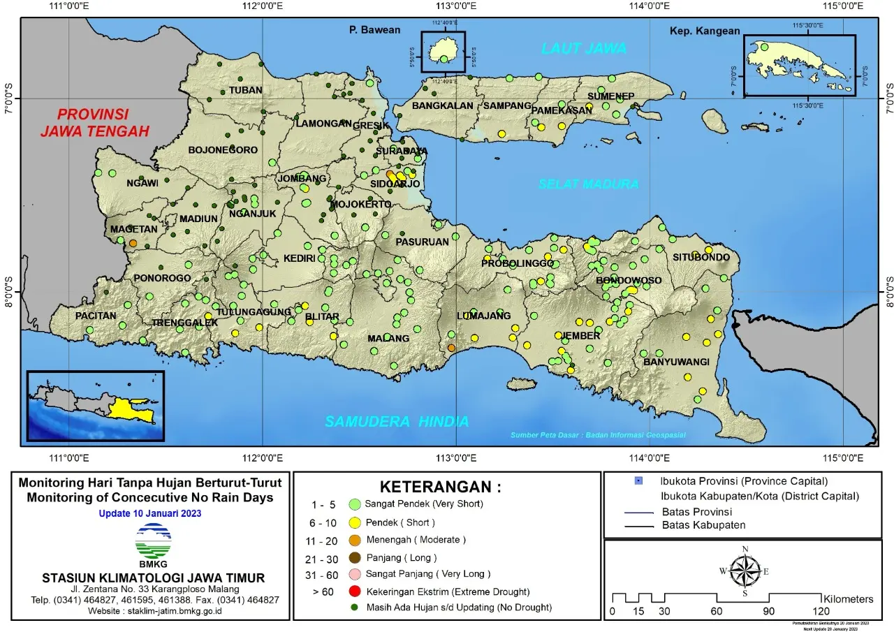 ( Analisis - Dasarian ) Monitoring Hari Tanpa Hujan Berturut-Turut Update 10 Januari Tahun 2023 di Provinsi Jawa Timur
