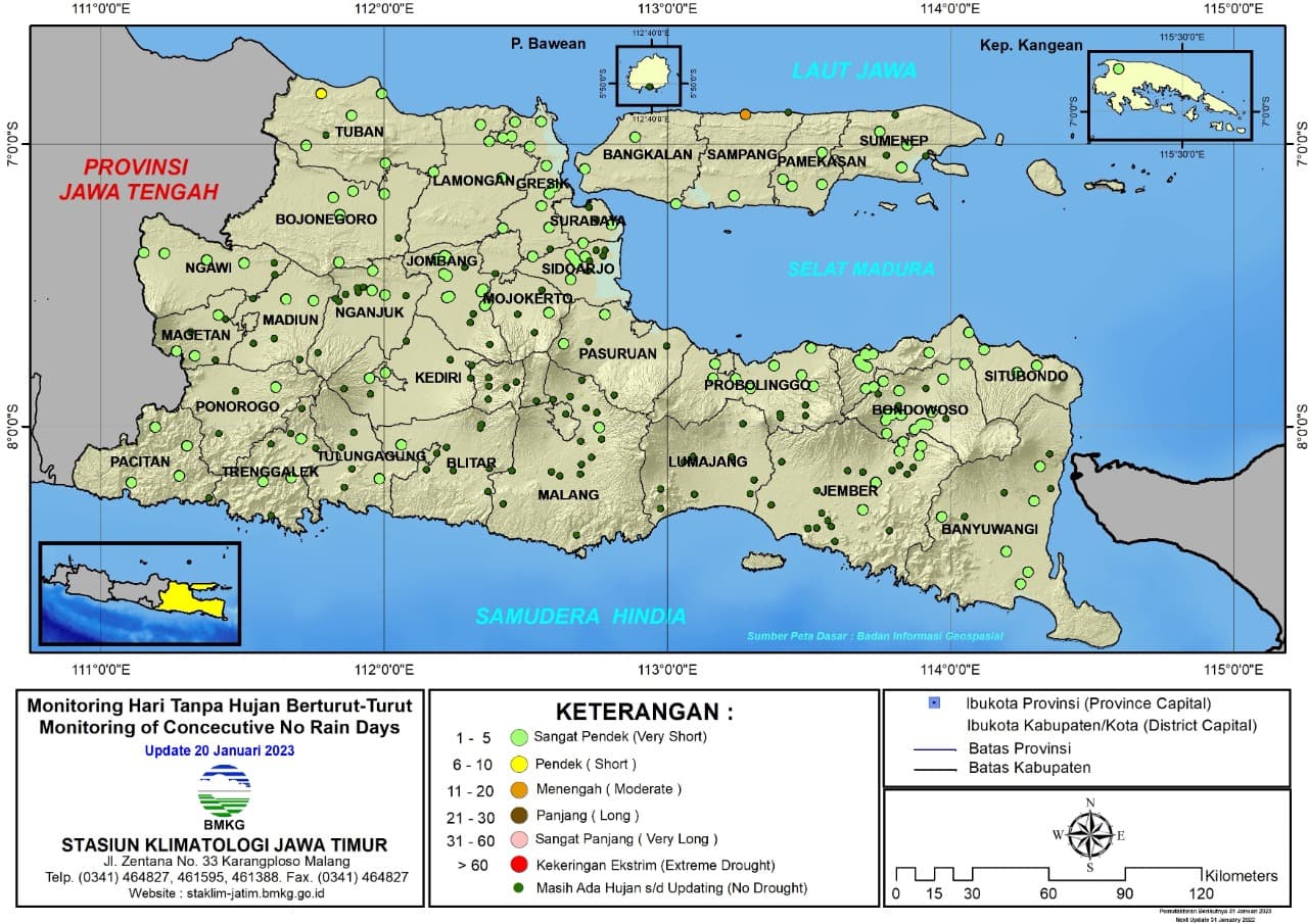 ( Analisis - Dasarian ) Monitoring Hari Tanpa Hujan Berturut-Turut Update 20 Januari Tahun 2023 di Provinsi Jawa Timur