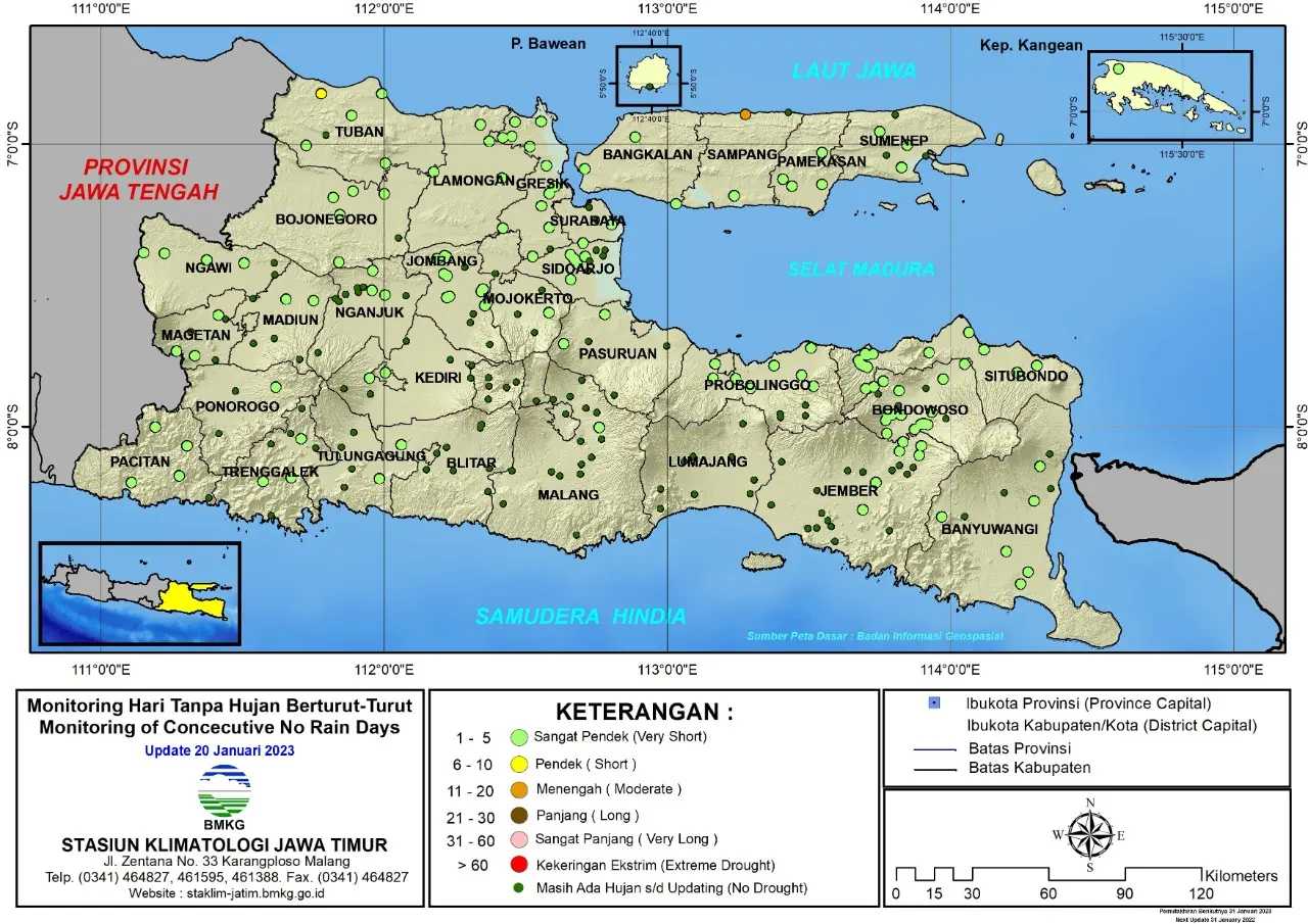 ( Analisis - Dasarian ) Monitoring Hari Tanpa Hujan Berturut-Turut Update 20 Januari Tahun 2023 di Provinsi Jawa Timur
