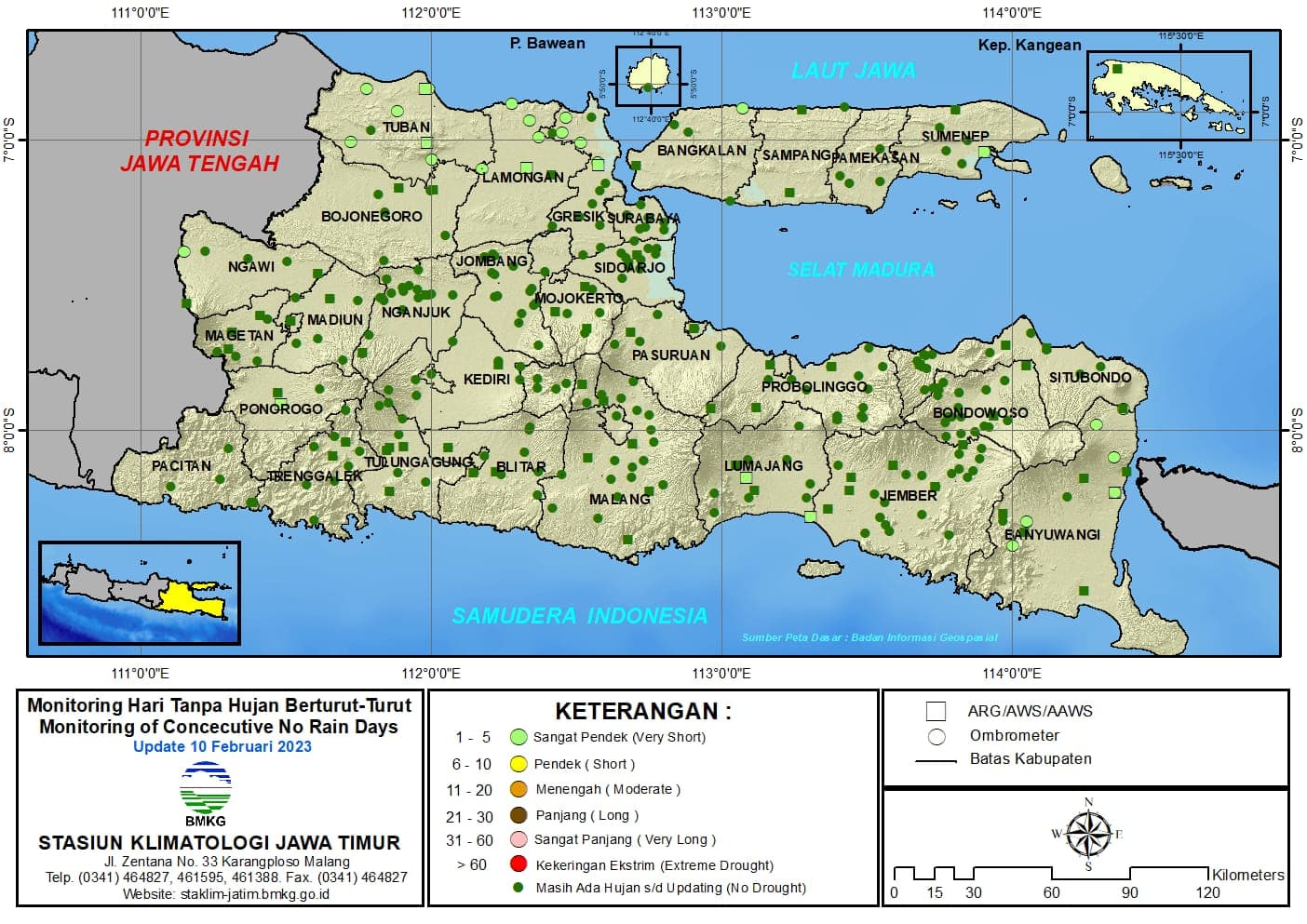 ( Analisis - Dasarian ) Monitoring Hari Tanpa Hujan Berturut-Turut Update 10 Februari Tahun 2023 di Provinsi Jawa Timur