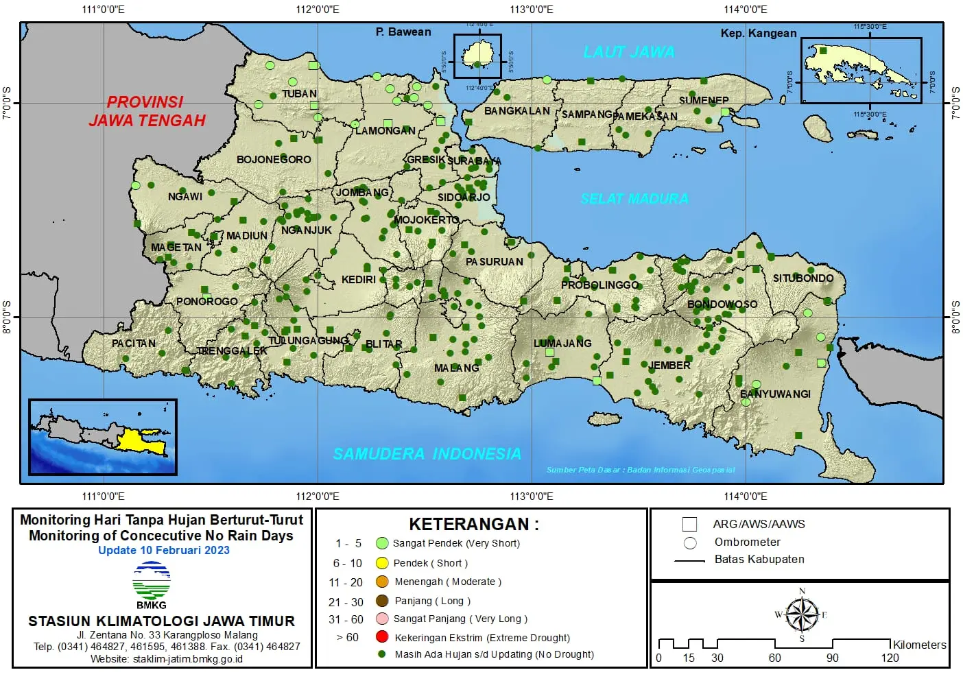 ( Analisis - Dasarian ) Monitoring Hari Tanpa Hujan Berturut-Turut Update 10 Februari Tahun 2023 di Provinsi Jawa Timur