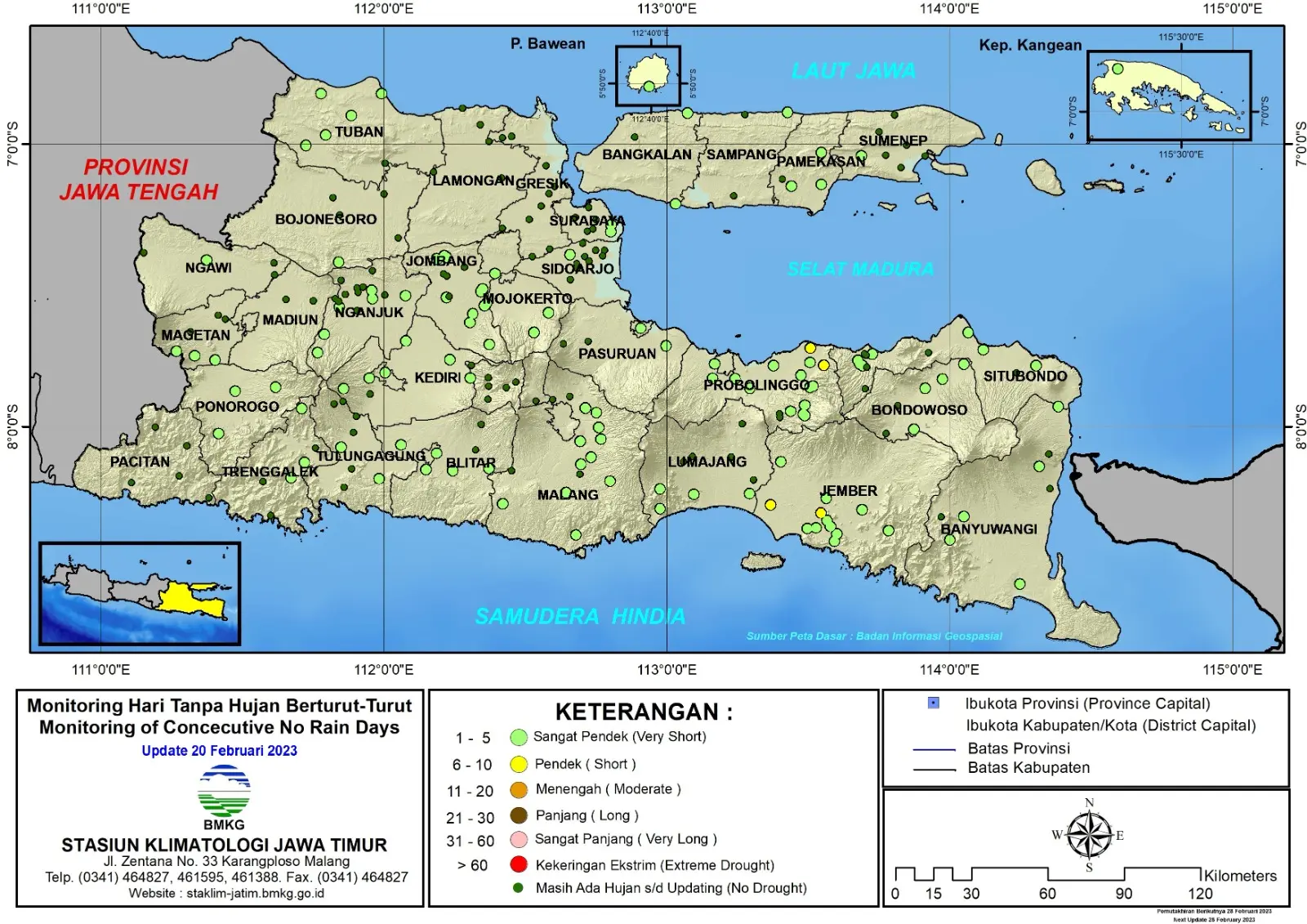 ( Analisis - Dasarian ) Monitoring Hari Tanpa Hujan Berturut-Turut Update 20 Februari Tahun 2023 di Provinsi Jawa Timur