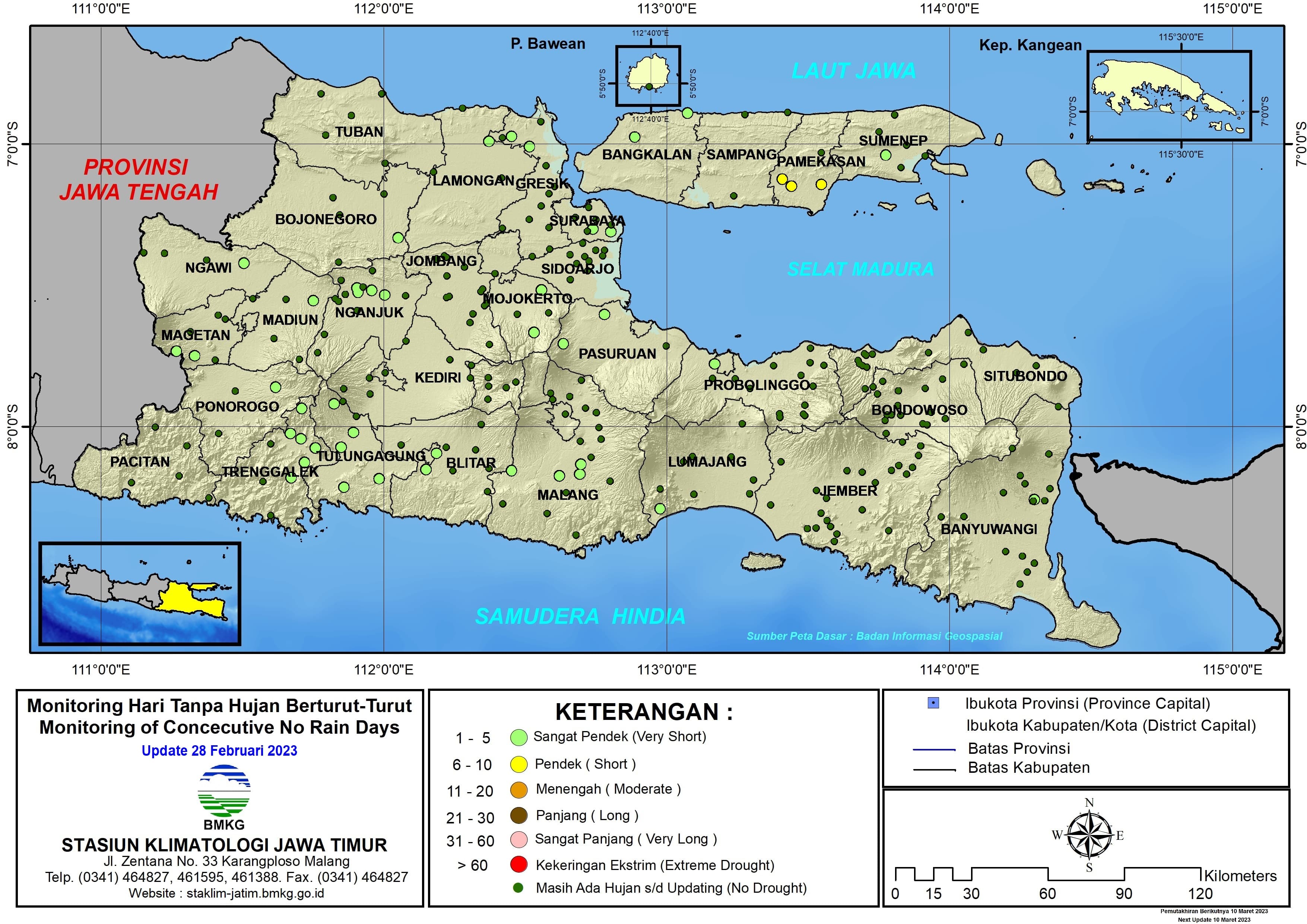 ( Analisis - Dasarian ) Monitoring Hari Tanpa Hujan Berturut-Turut Update 28 Februari Tahun 2023 di Provinsi Jawa Timur