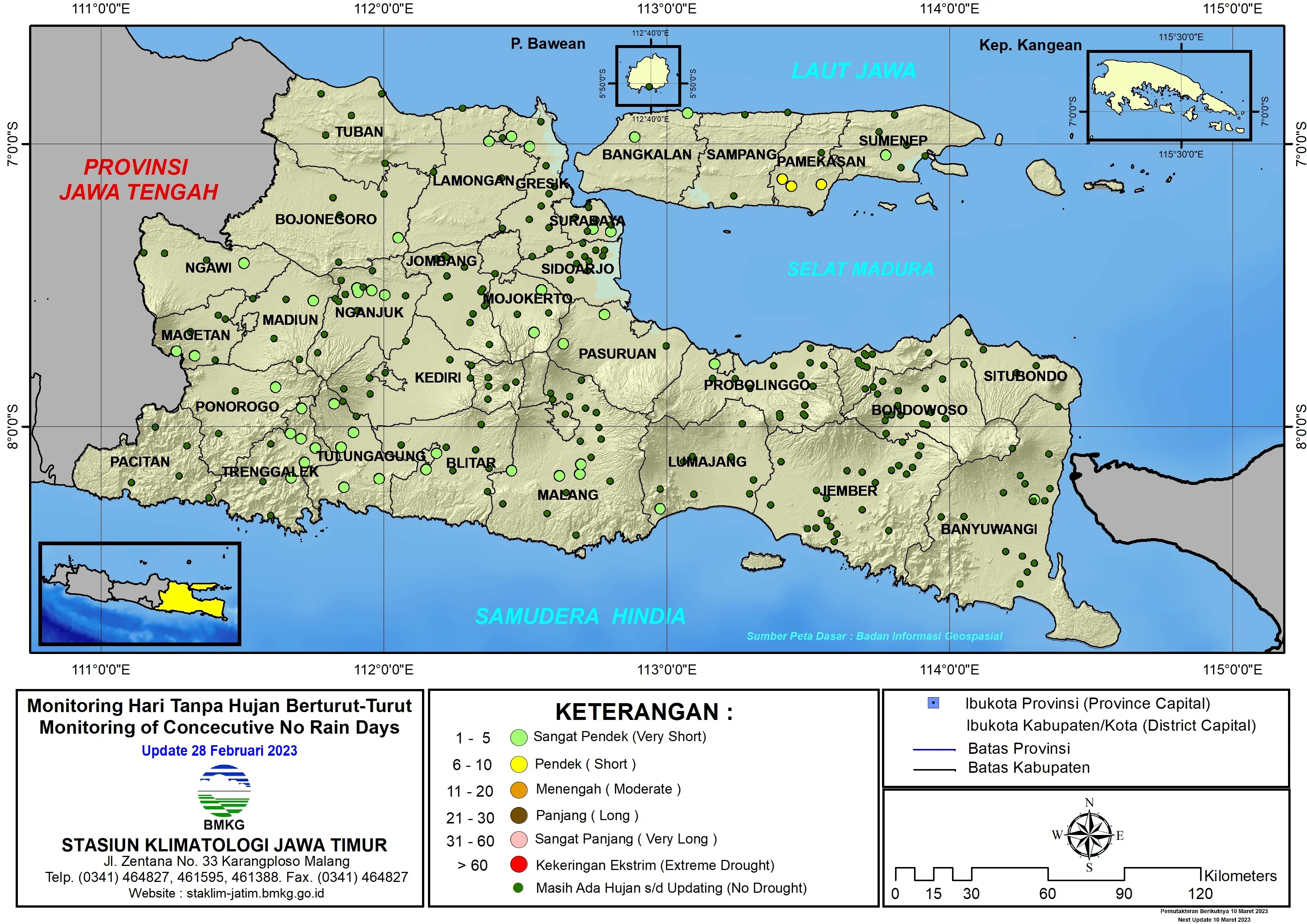 ( Analisis - Dasarian ) Monitoring Hari Tanpa Hujan Berturut-Turut Update 28 Februari Tahun 2023 di Provinsi Jawa Timur