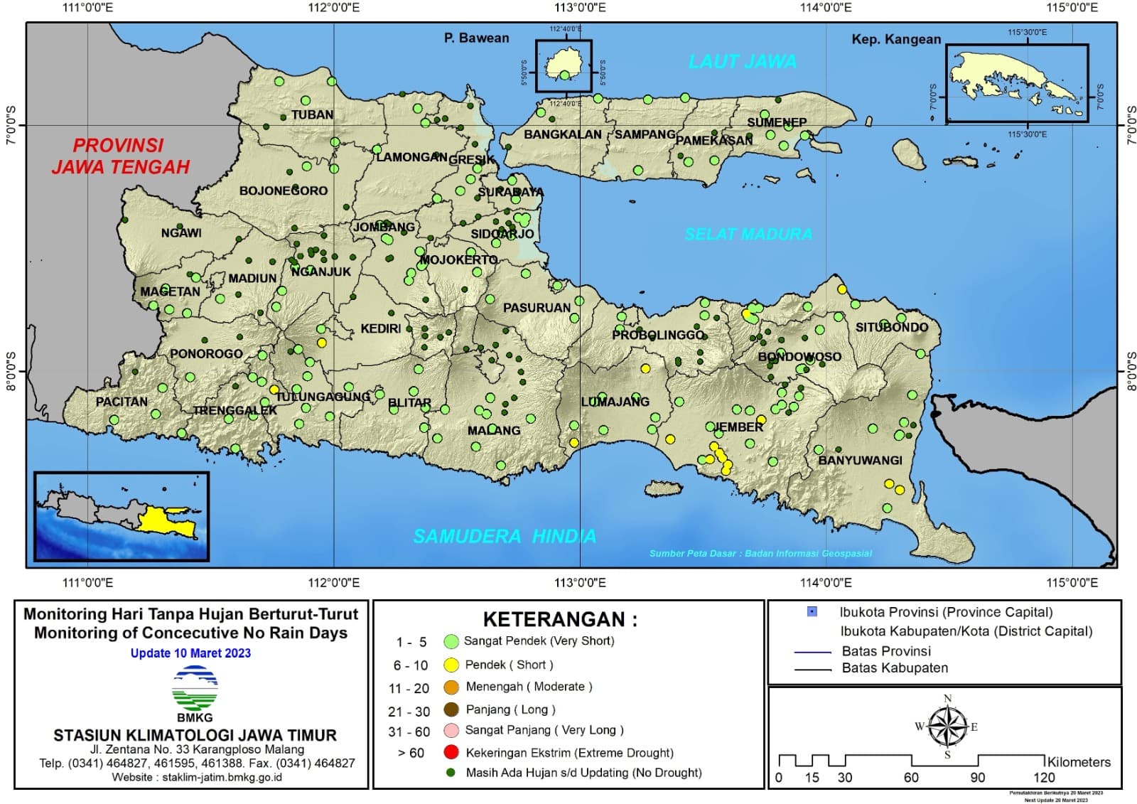 ( Analisis - Dasarian ) Monitoring Hari Tanpa Hujan Berturut-Turut Update 10 Maret Tahun 2023 di Provinsi Jawa Timur