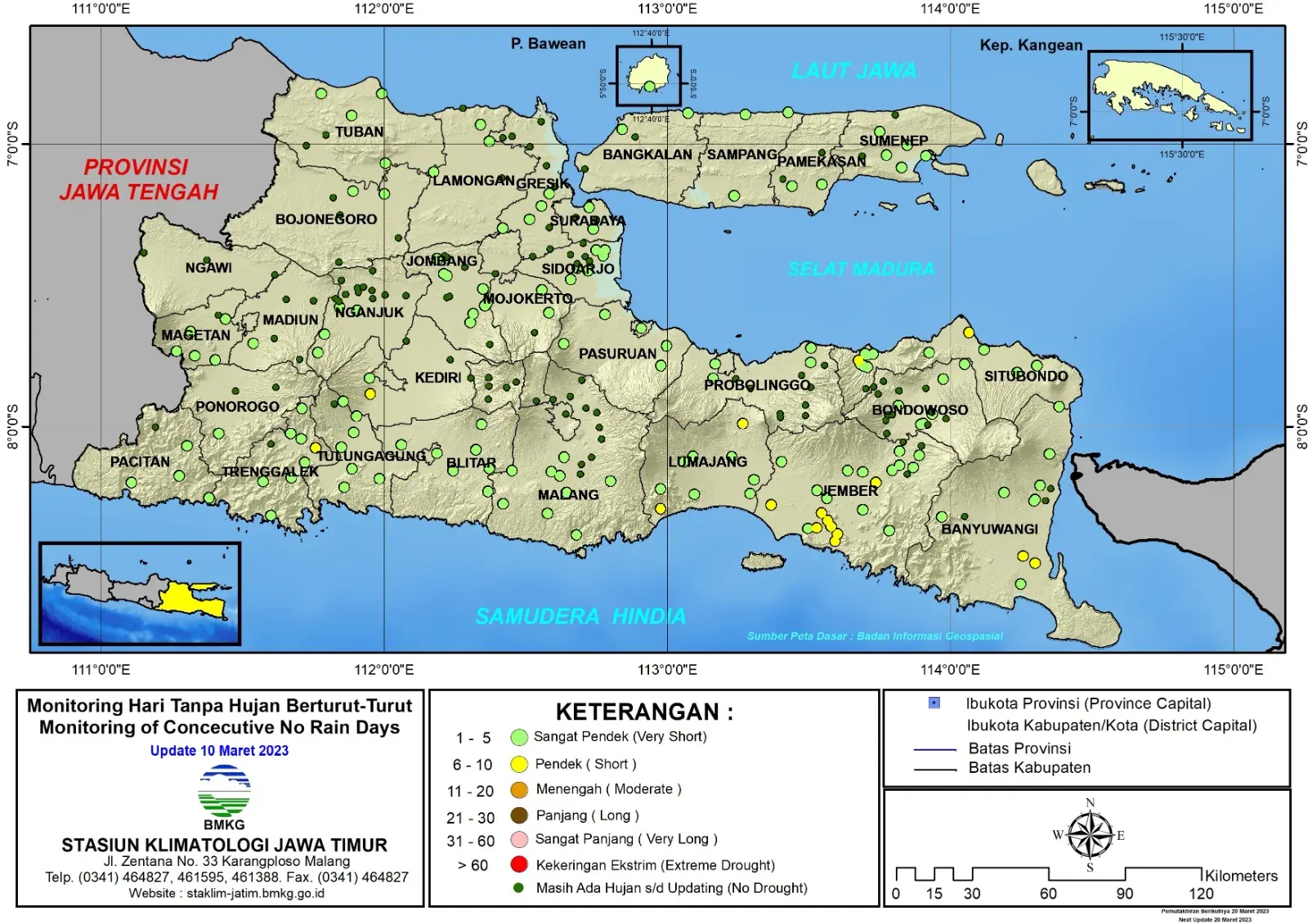 ( Analisis - Dasarian ) Monitoring Hari Tanpa Hujan Berturut-Turut Update 10 Maret Tahun 2023 di Provinsi Jawa Timur