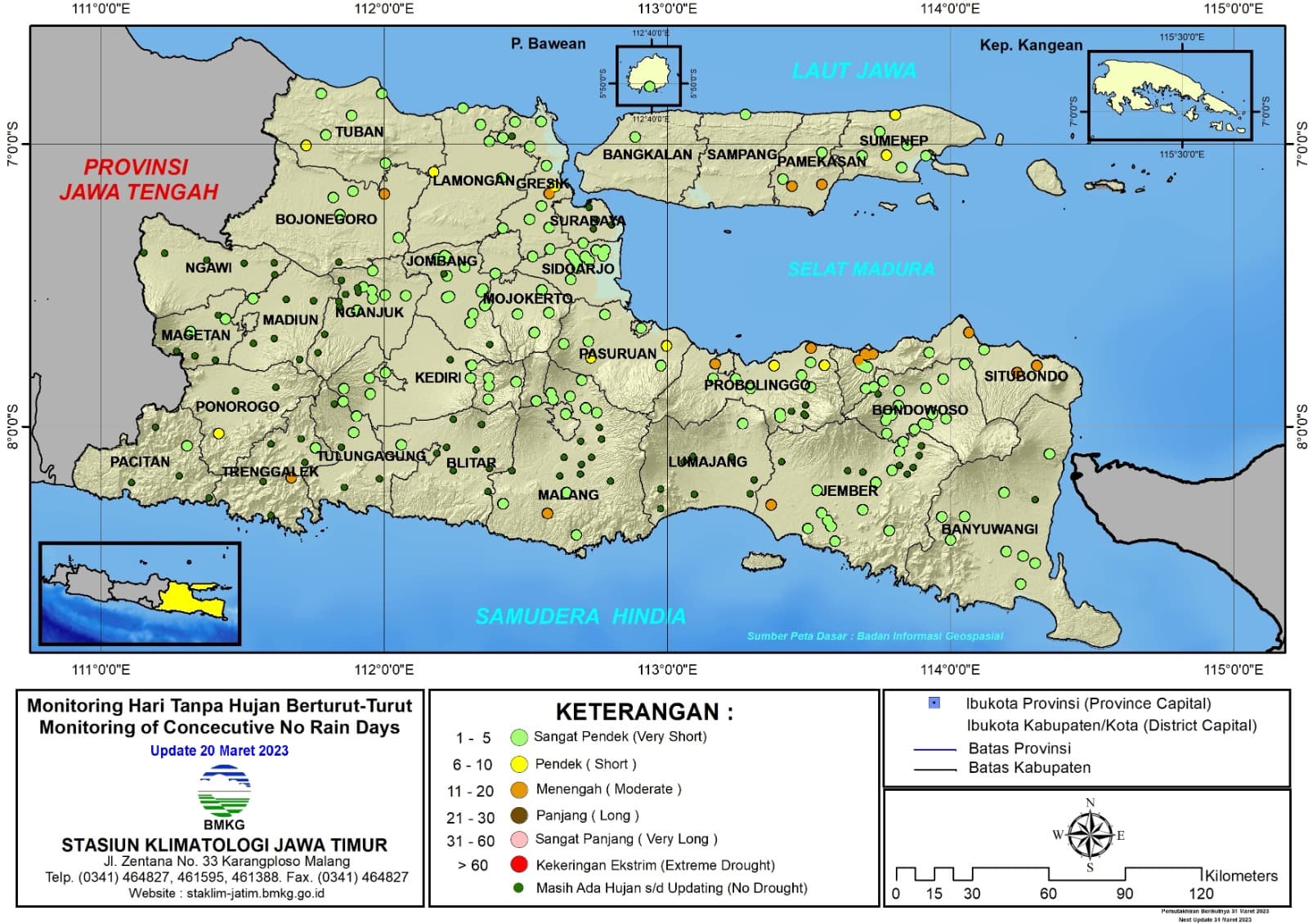 ( Analisis - Dasarian ) Monitoring Hari Tanpa Hujan Berturut-Turut Update 20 Maret Tahun 2023 di Provinsi Jawa Timur