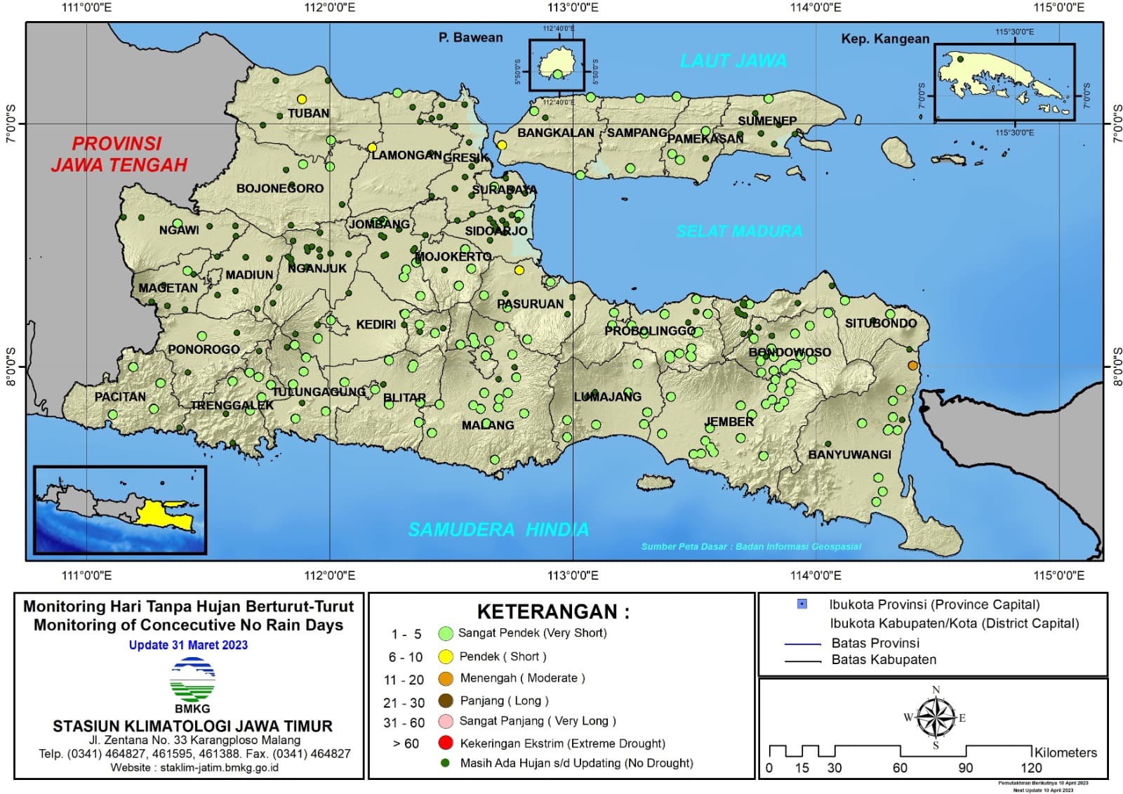 ( Analisis - Dasarian ) Monitoring Hari Tanpa Hujan Berturut-Turut Update 31 Maret Tahun 2023 di Provinsi Jawa Timur