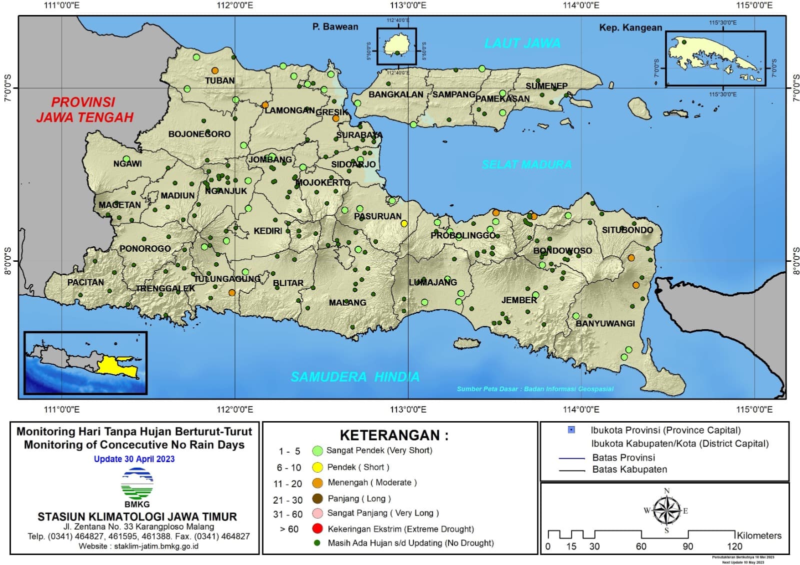 ( Analisis - Dasarian ) Monitoring Hari Tanpa Hujan Berturut-Turut Update 30 April Tahun 2023 di Provinsi Jawa Timur