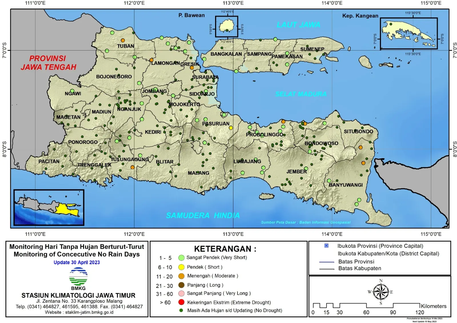 ( Analisis - Dasarian ) Monitoring Hari Tanpa Hujan Berturut-Turut Update 30 April Tahun 2023 di Provinsi Jawa Timur