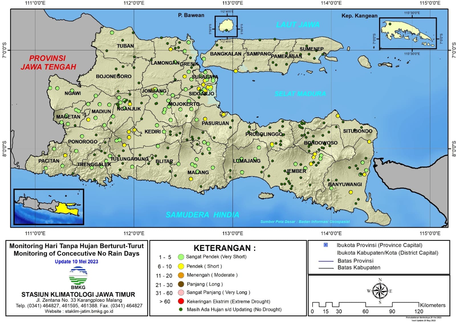 ( Analisis - Dasarian ) Monitoring Hari Tanpa Hujan Berturut-Turut Update 10 Mei Tahun 2023 di Provinsi Jawa Timur