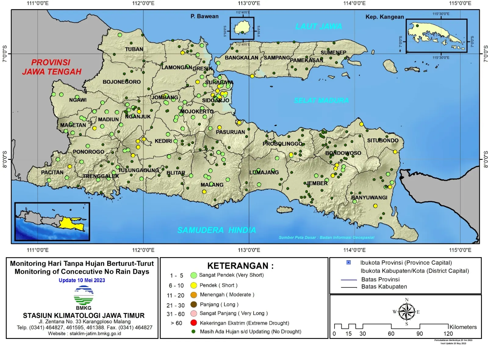 ( Analisis - Dasarian ) Monitoring Hari Tanpa Hujan Berturut-Turut Update 10 Mei Tahun 2023 di Provinsi Jawa Timur
