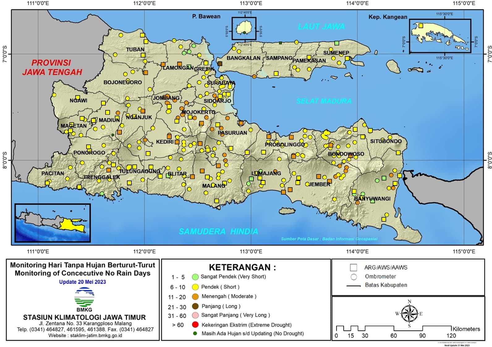 ( Analisis - Dasarian ) Monitoring Hari Tanpa Hujan Berturut-Turut Update 20 Mei Tahun 2023 di Provinsi Jawa Timur