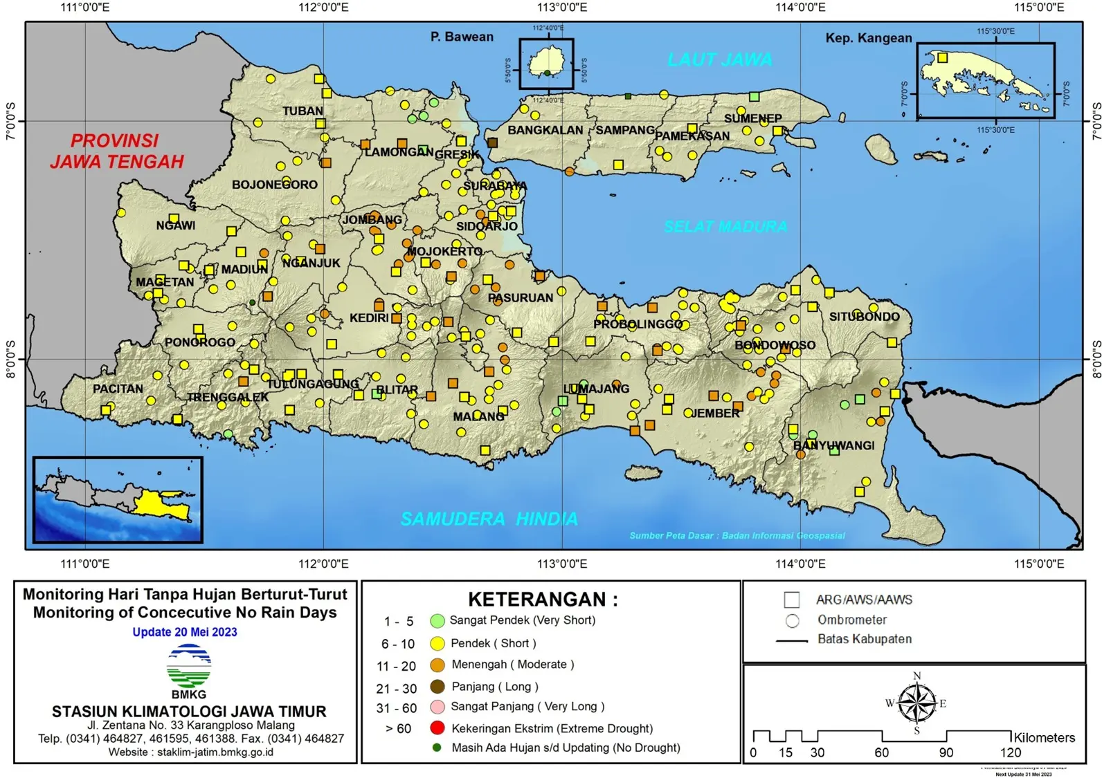 ( Analisis - Dasarian ) Monitoring Hari Tanpa Hujan Berturut-Turut Update 20 Mei Tahun 2023 di Provinsi Jawa Timur